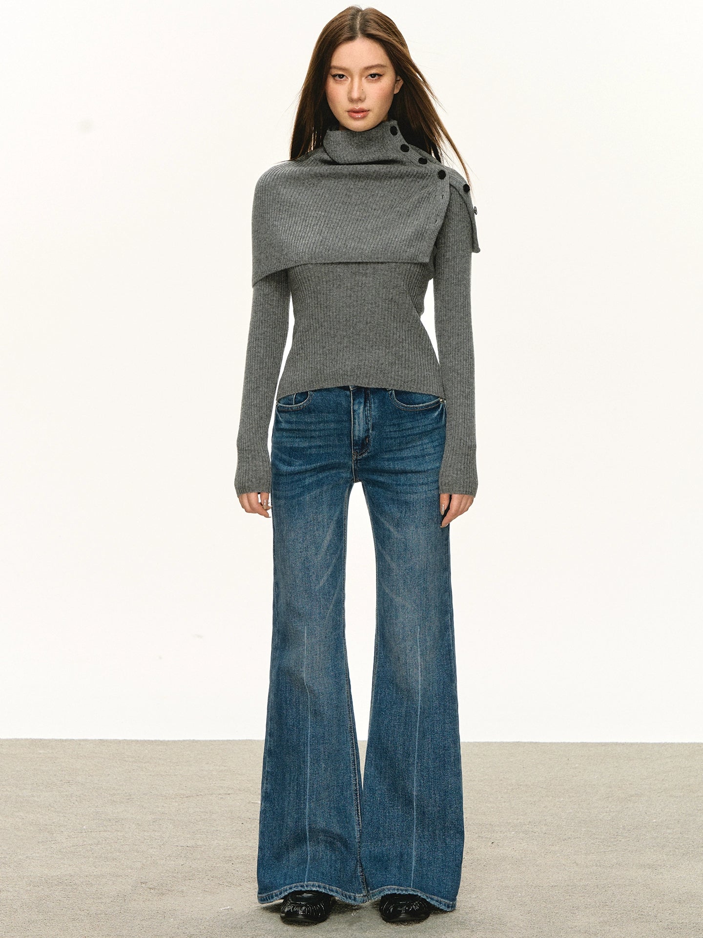 Anna Aneae Pullover High Neck Removable Shawl Bottom Long Sleeve