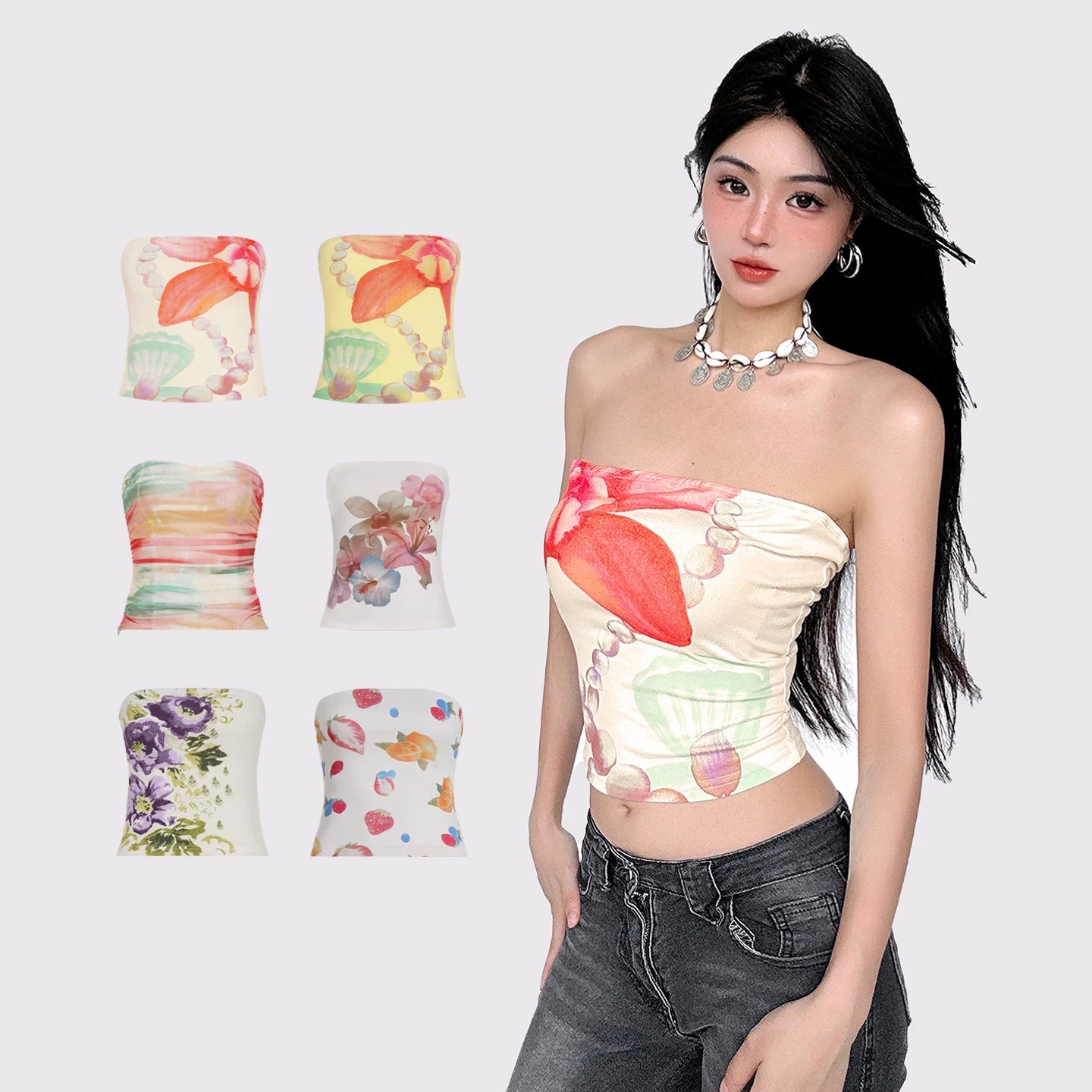 FUNOFF Vintage Floral Print Dew Collarbone Waist Tube Top