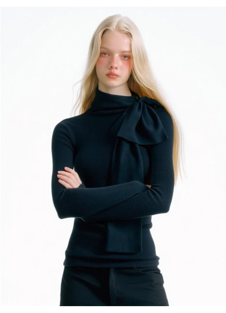 SUREENOUGH Bow Ribbon Knitted Bottom Long Sleeve