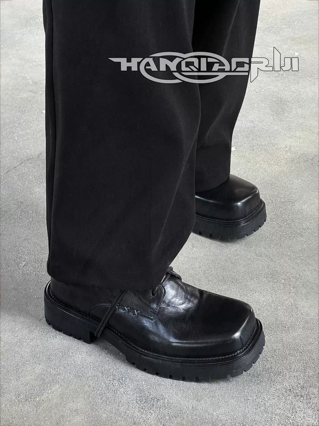 HANQIAORIJI Washed Nappa Leather Square-Toe Derby