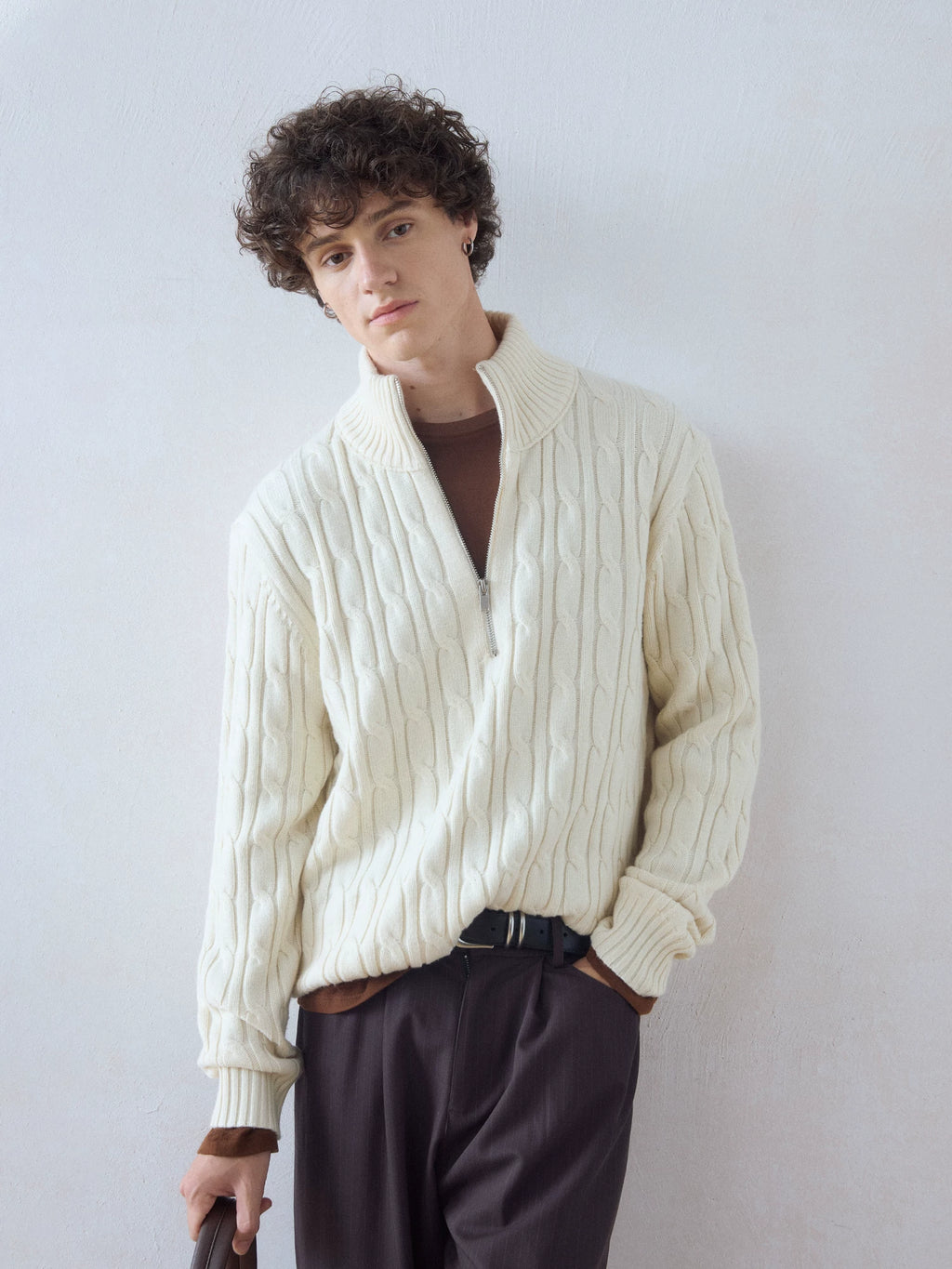 DIMC Wool-Blend Cable-Knit Half-Zip Turtleneck Sweater