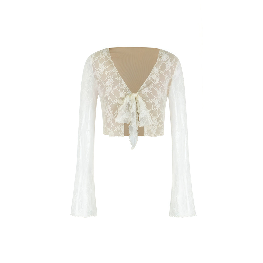 Jim Kennet Lace Jacquard Strap Cardigan High Slit Skirt Set