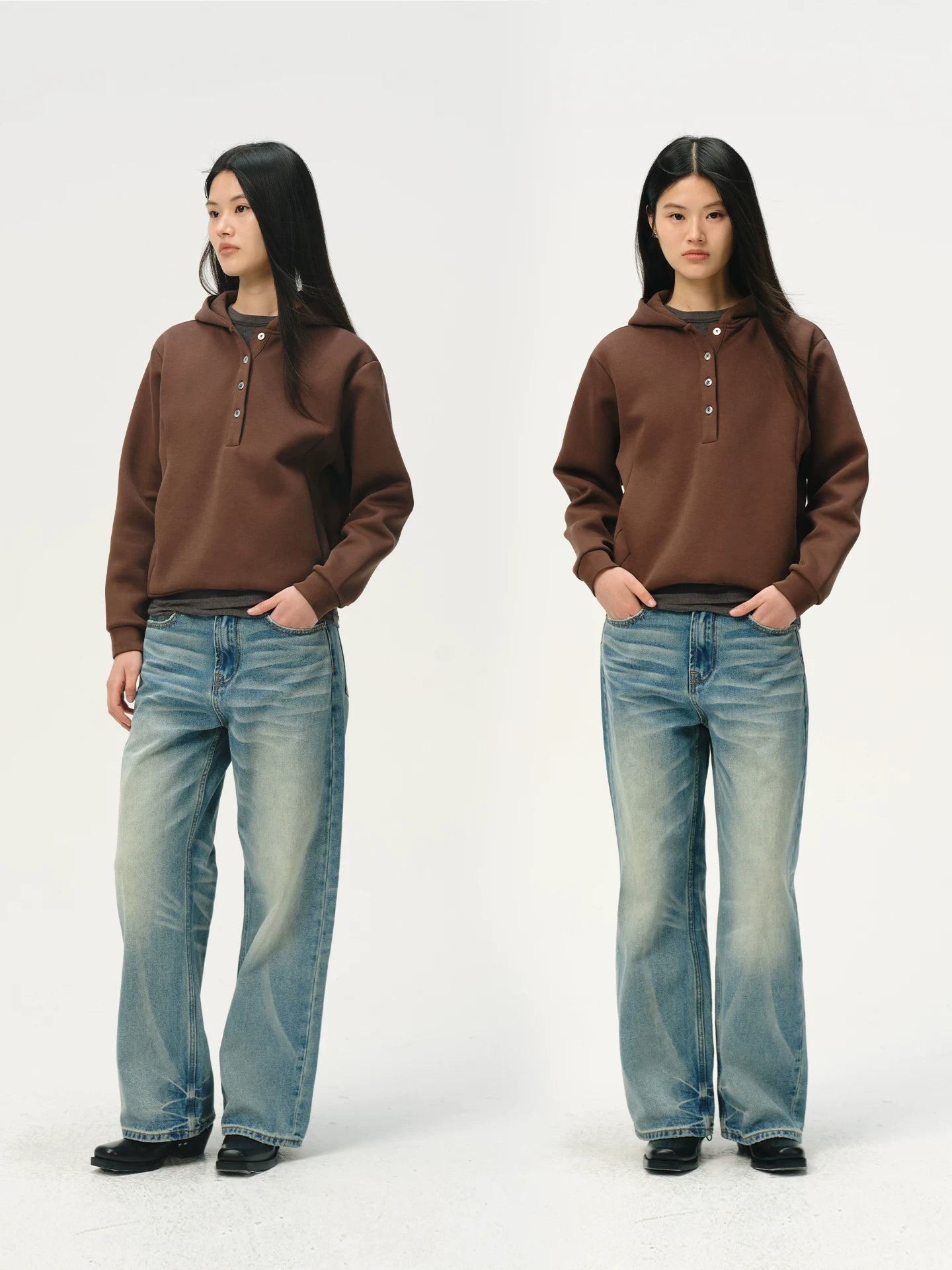 No Logo Warm and Soft Henry Collar Hooded Sweatshirt