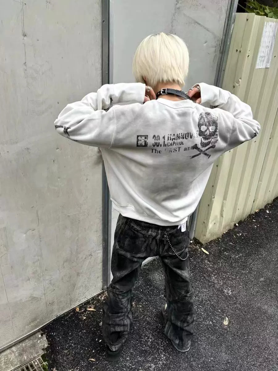 DETW 24AW spray dirty splicing breasted short wide boxy 350g round neck long sleeve pure cotton sweater