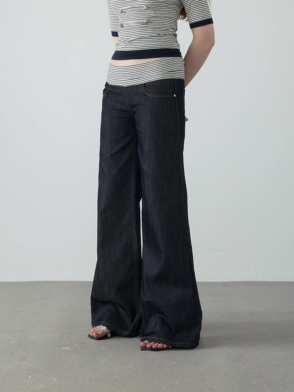 Yawhat Deep Blue Striped Low-Rise Flared Trousers