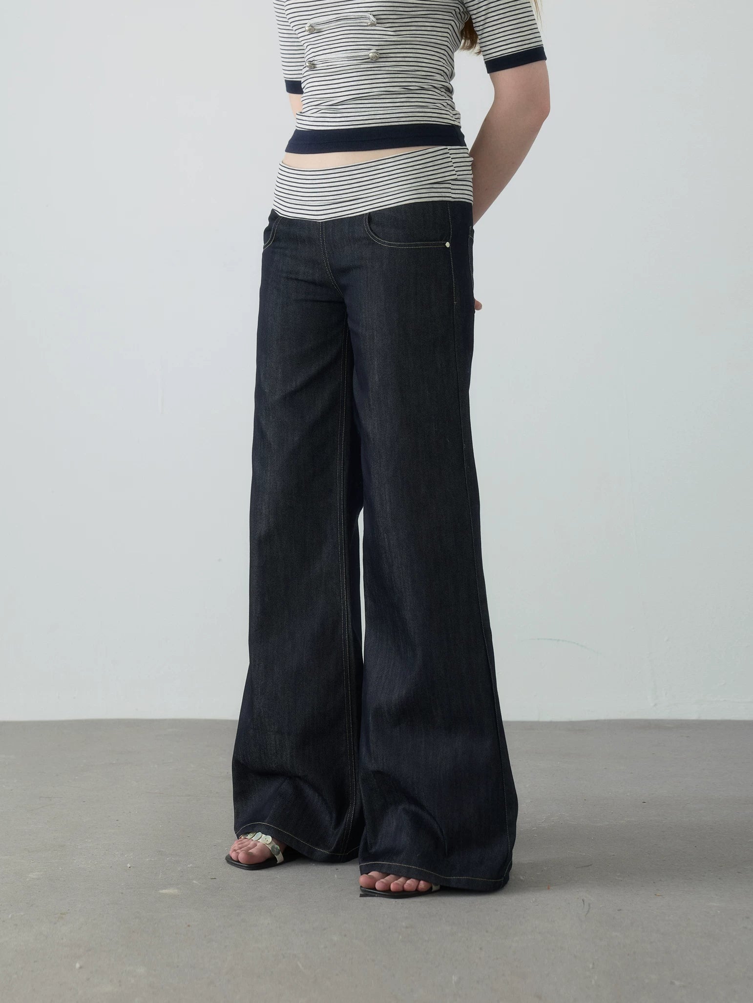 Yawhat Deep Blue Striped Low-Rise Flared Trousers