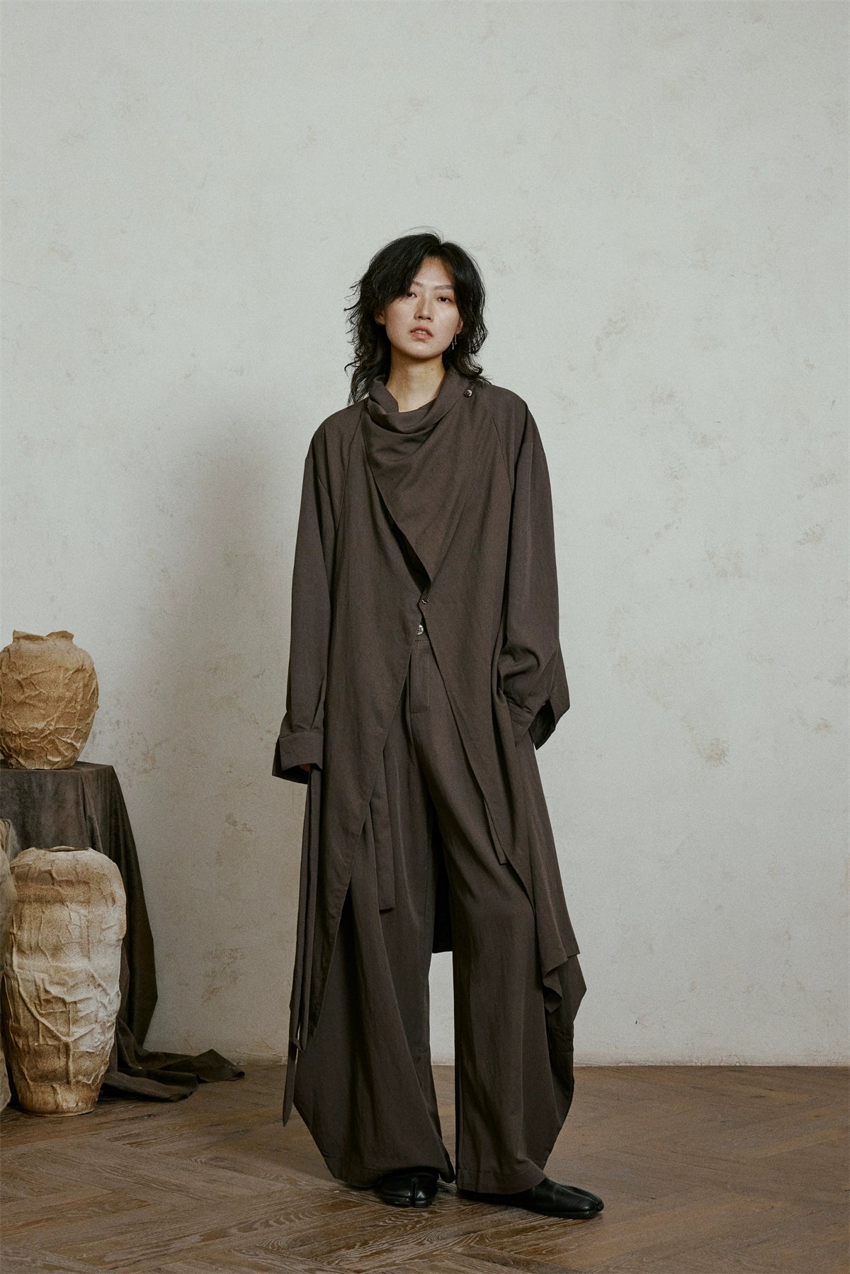 SUNYVONNE Cross-neck One-button Trench Coat