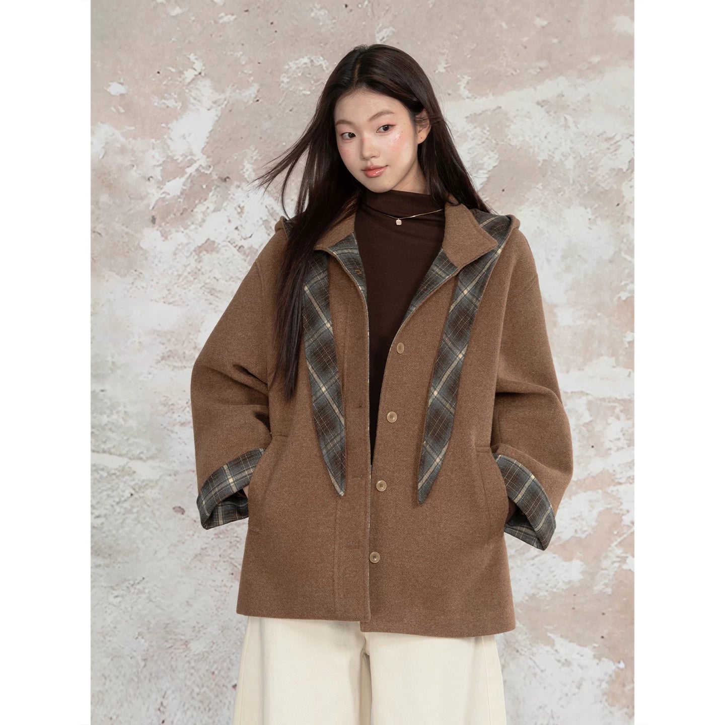 LOVEHEYNEW Vintage Plaid Hooded Removable Woolen Jacket
