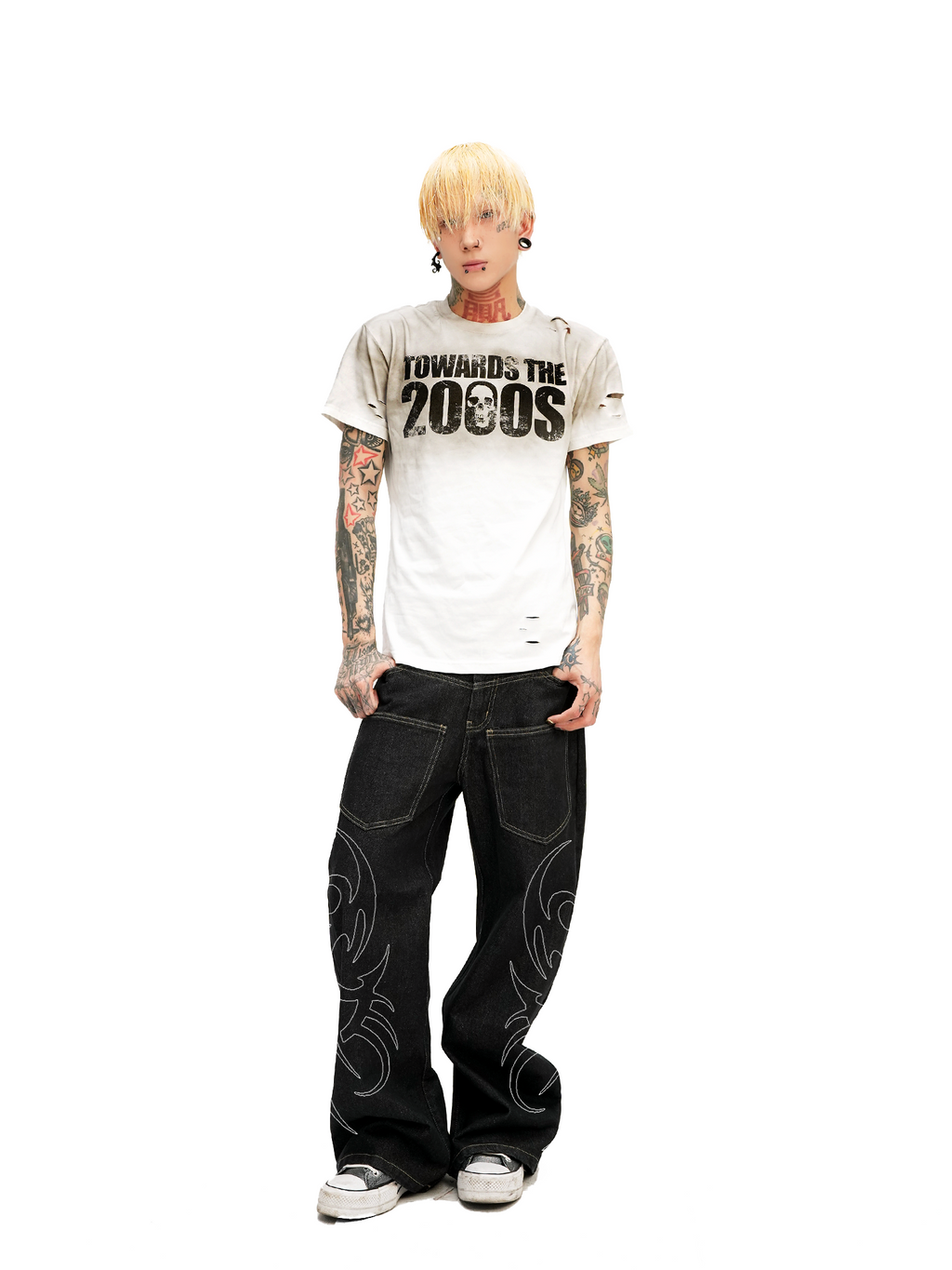 DETW 25ss * "2000S" washing destruction slogan front shoulder slim short sleeve Tee