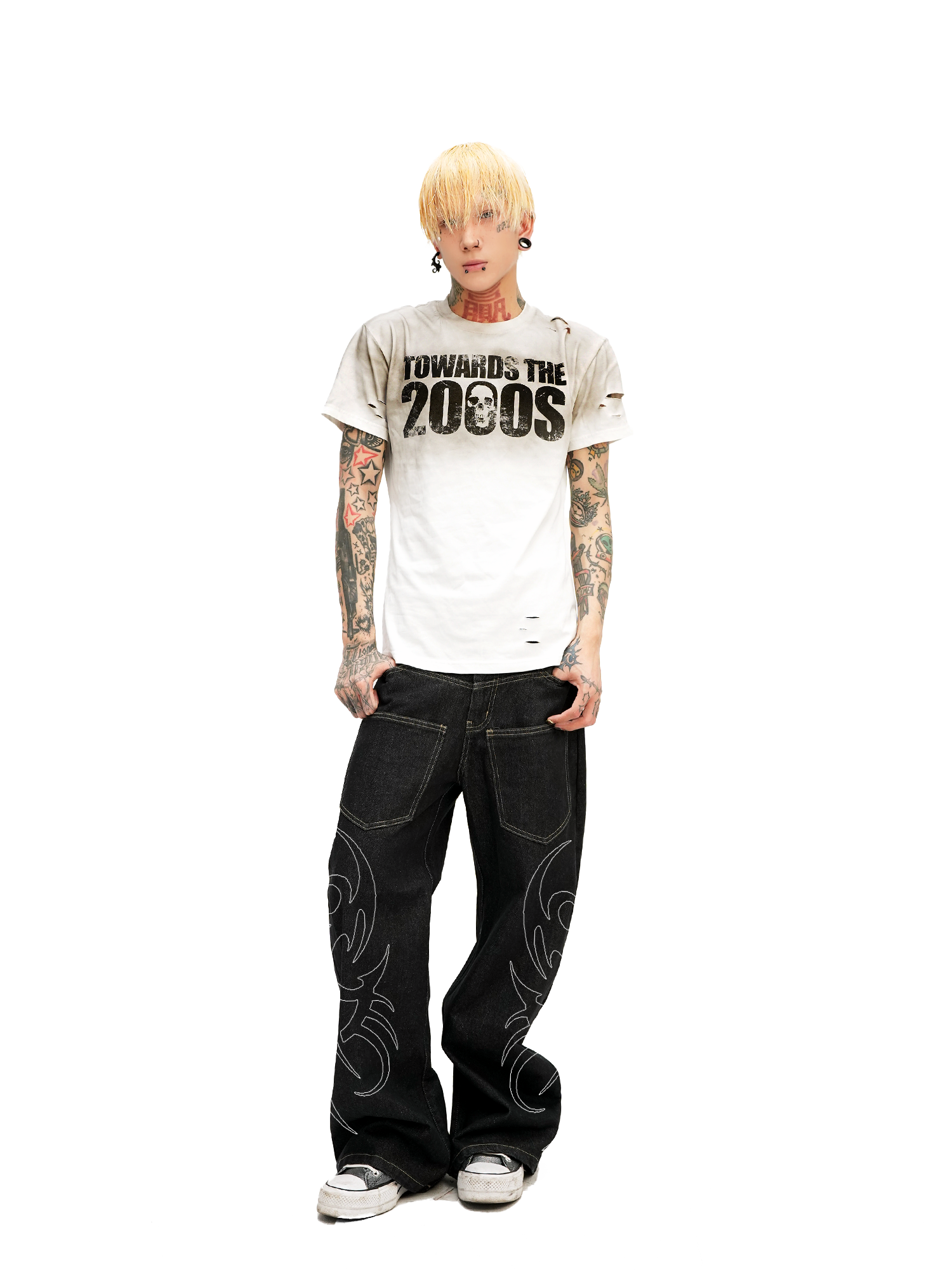 DETW 25ss * "2000S" washing destruction slogan front shoulder slim short sleeve Tee