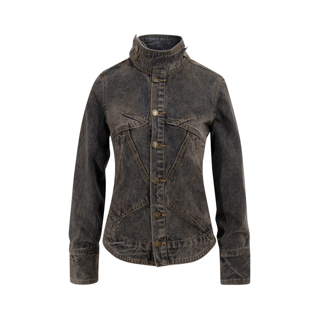 NOMANIAI Retro Old Washed Stand-up Collar Slim Denim Jacket