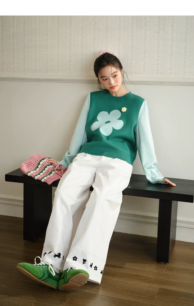 KUOSE Lace-embroidered Straight Wide-leg Pants