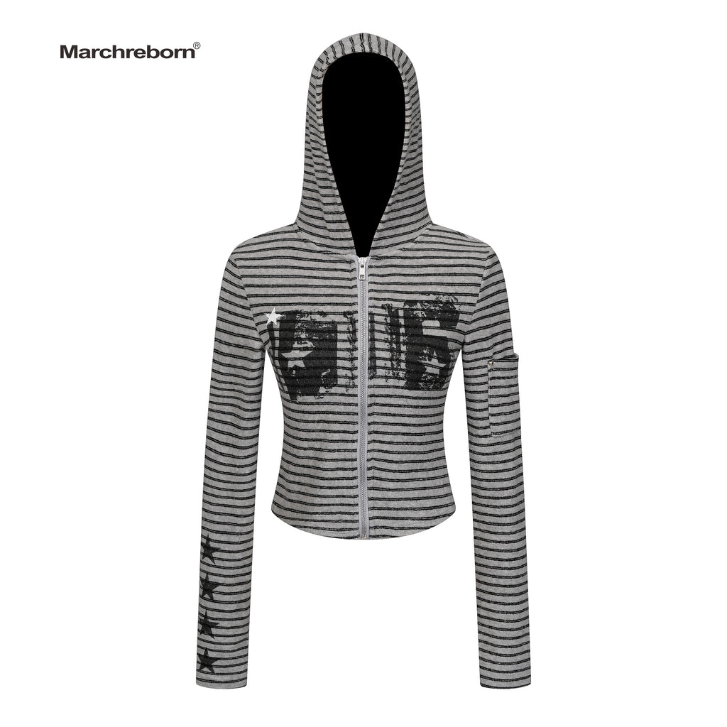 MARCH Vintage Striped Short Hooded Jacket
