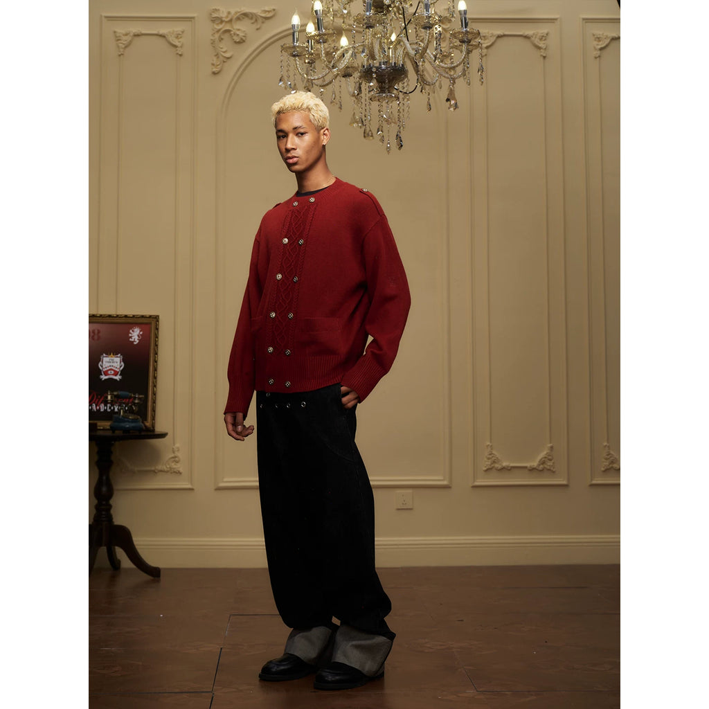 YADcrew Double-breasted Metal-buckle Crew-neck Knitted Cardigan