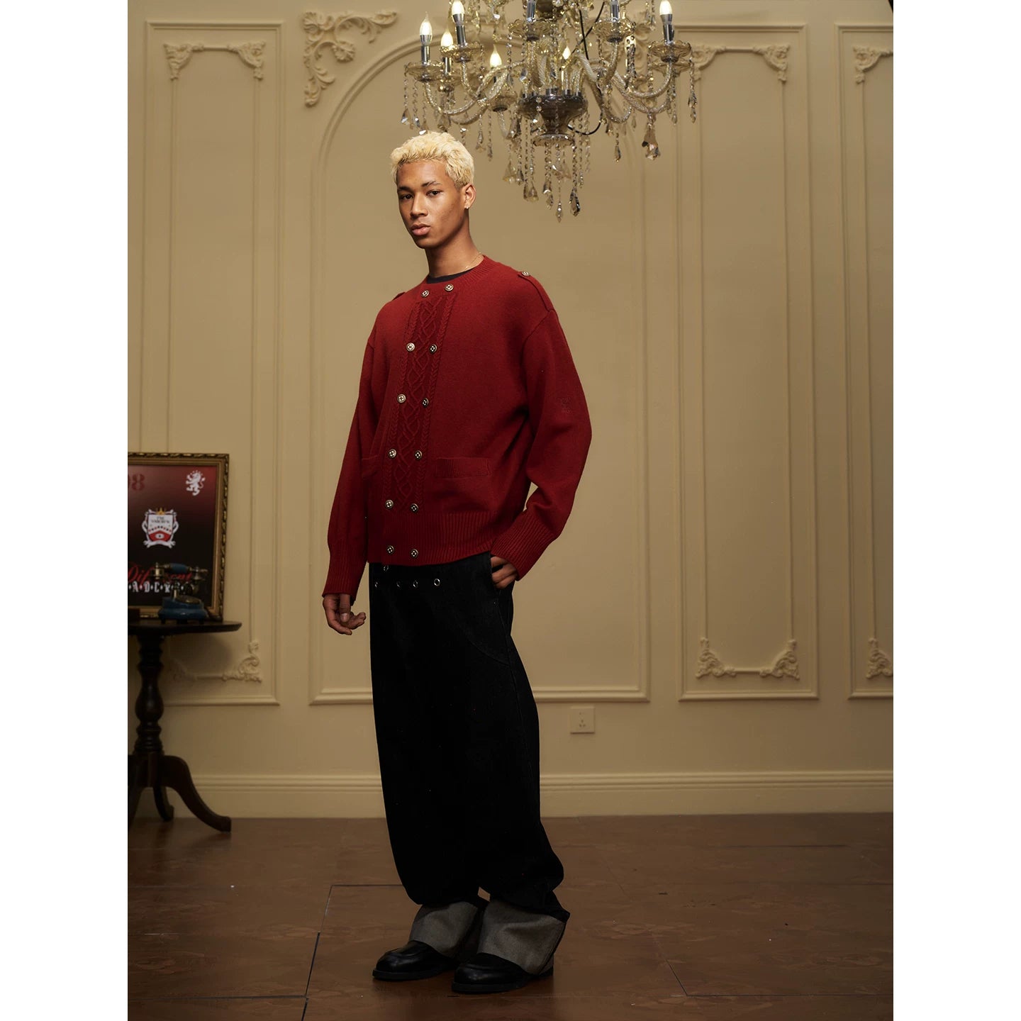 YADcrew Double-breasted Metal-buckle Crew-neck Knitted Cardigan