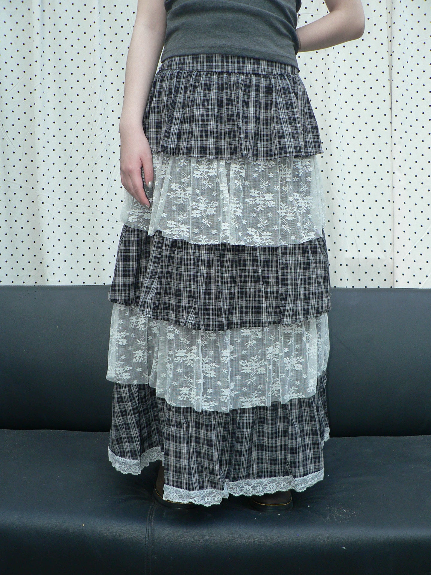 Ang:project Plaid Paneled Floral Mesh Maxi Skirt
