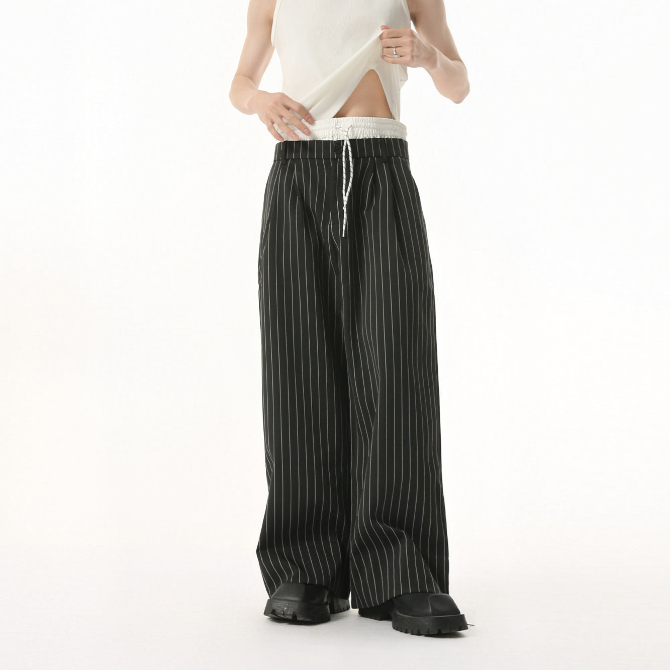MTLCLOTHES Vintage Stitched Fake Two-piece Striped Trousers