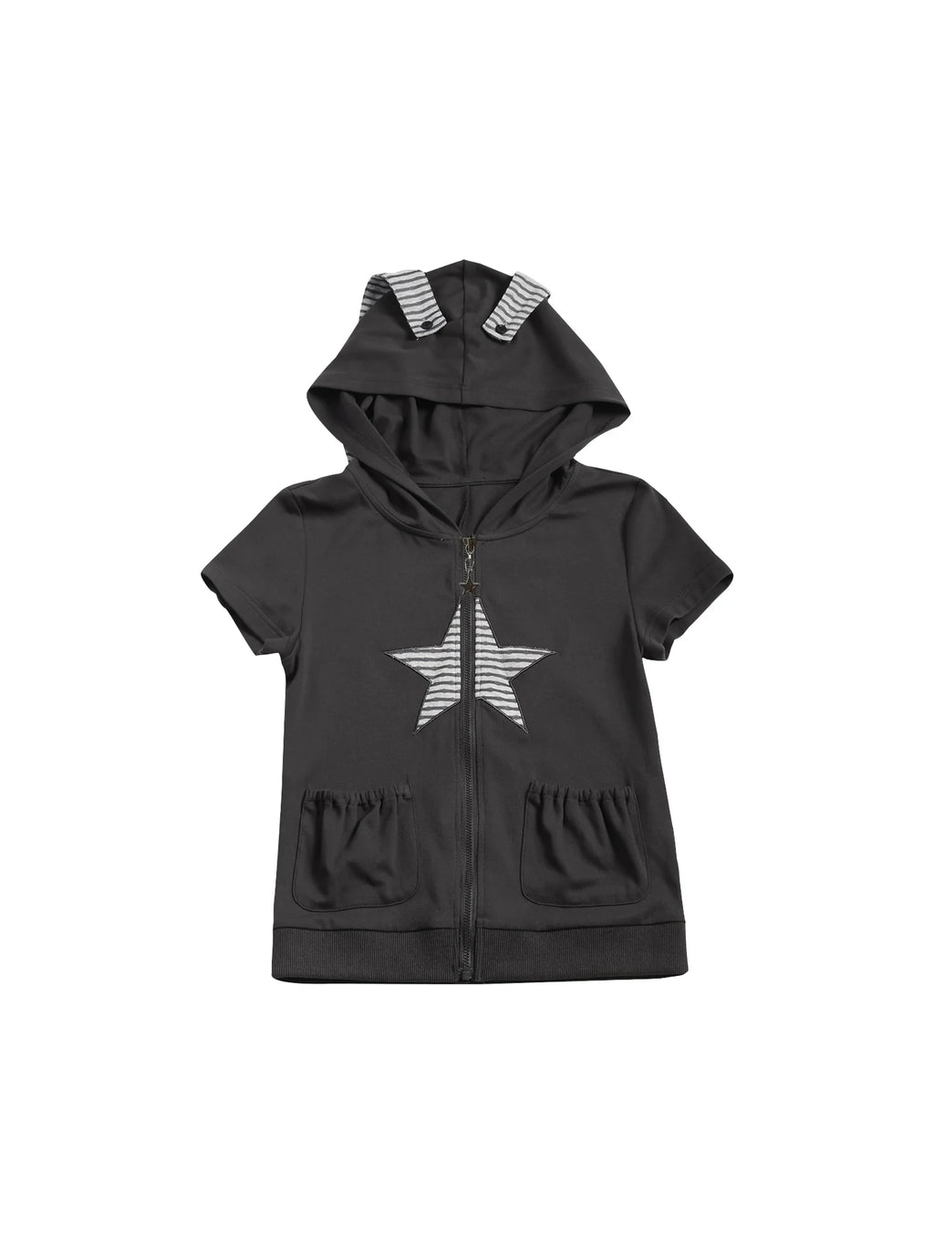 Two days off lab Sweet Bunny Ear Zip-Up Hooded Cropped Tee