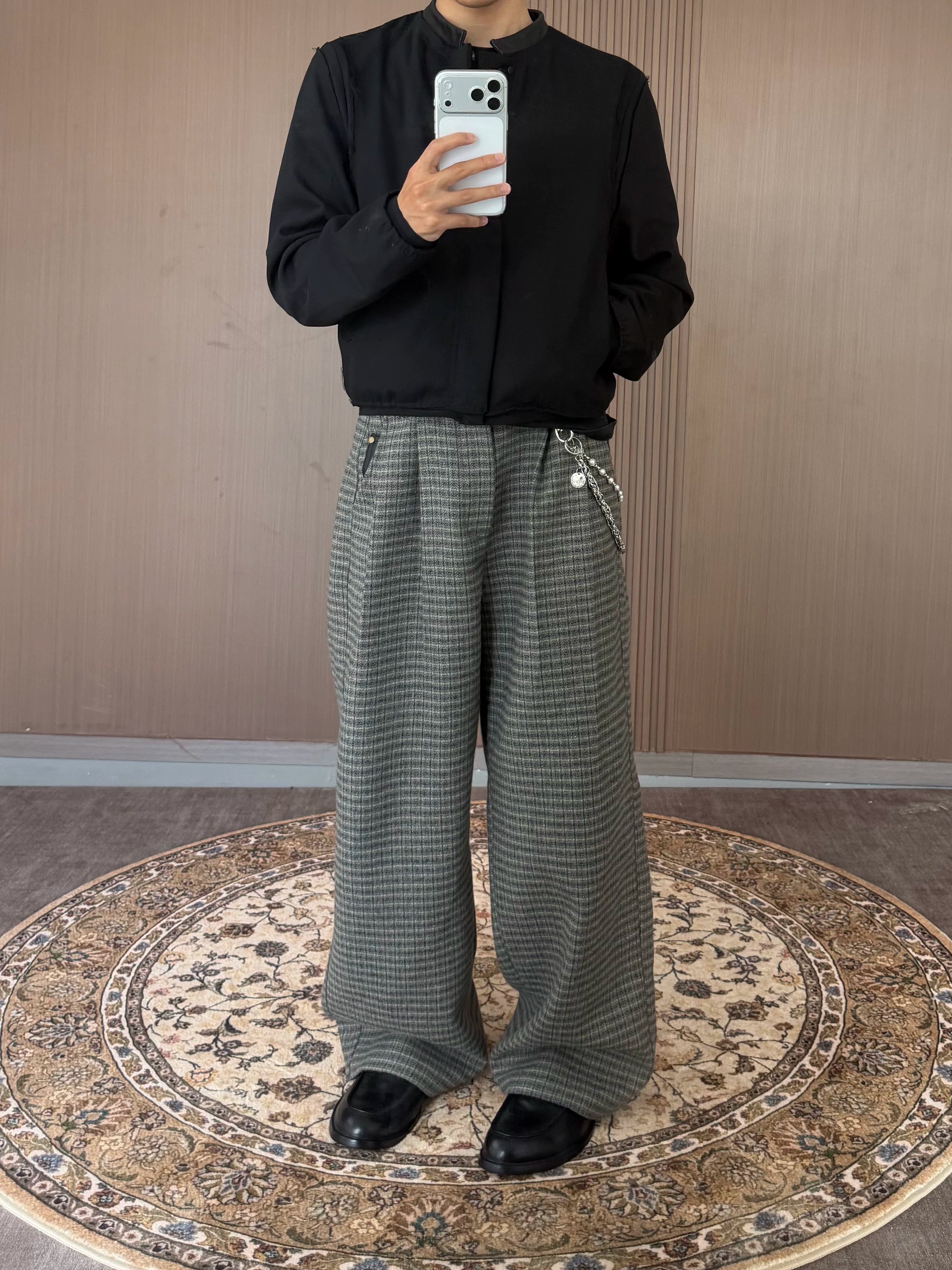 CENSMADE Three-dimensional Cut Wide-leg Plaid Trousers