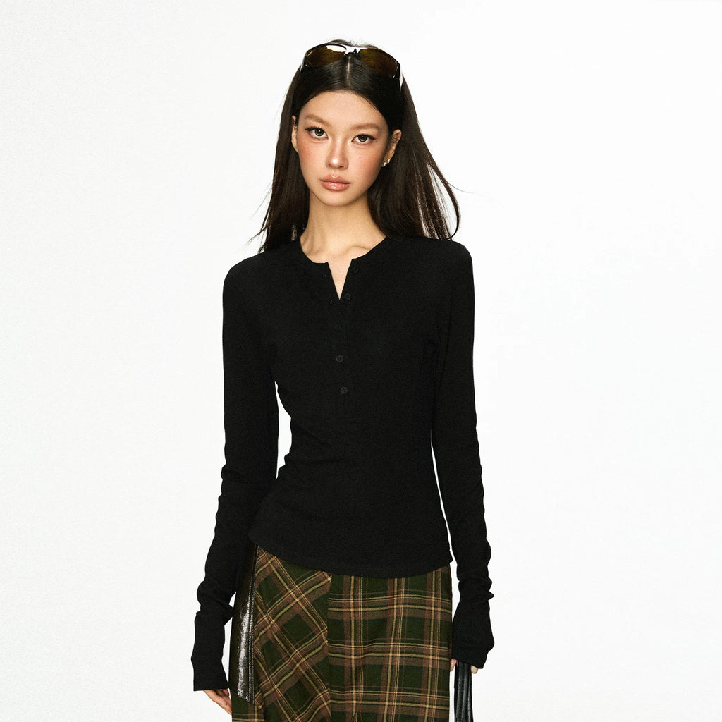 Cherry Melody Henry Collar Button Versatile Primer Long Sleeve