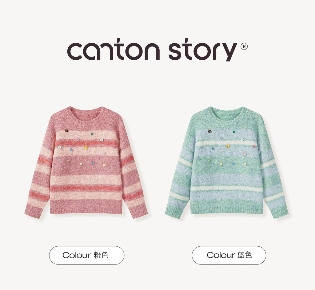 Cantonstory Korean Crew Neck Striped Knitted Sweater
