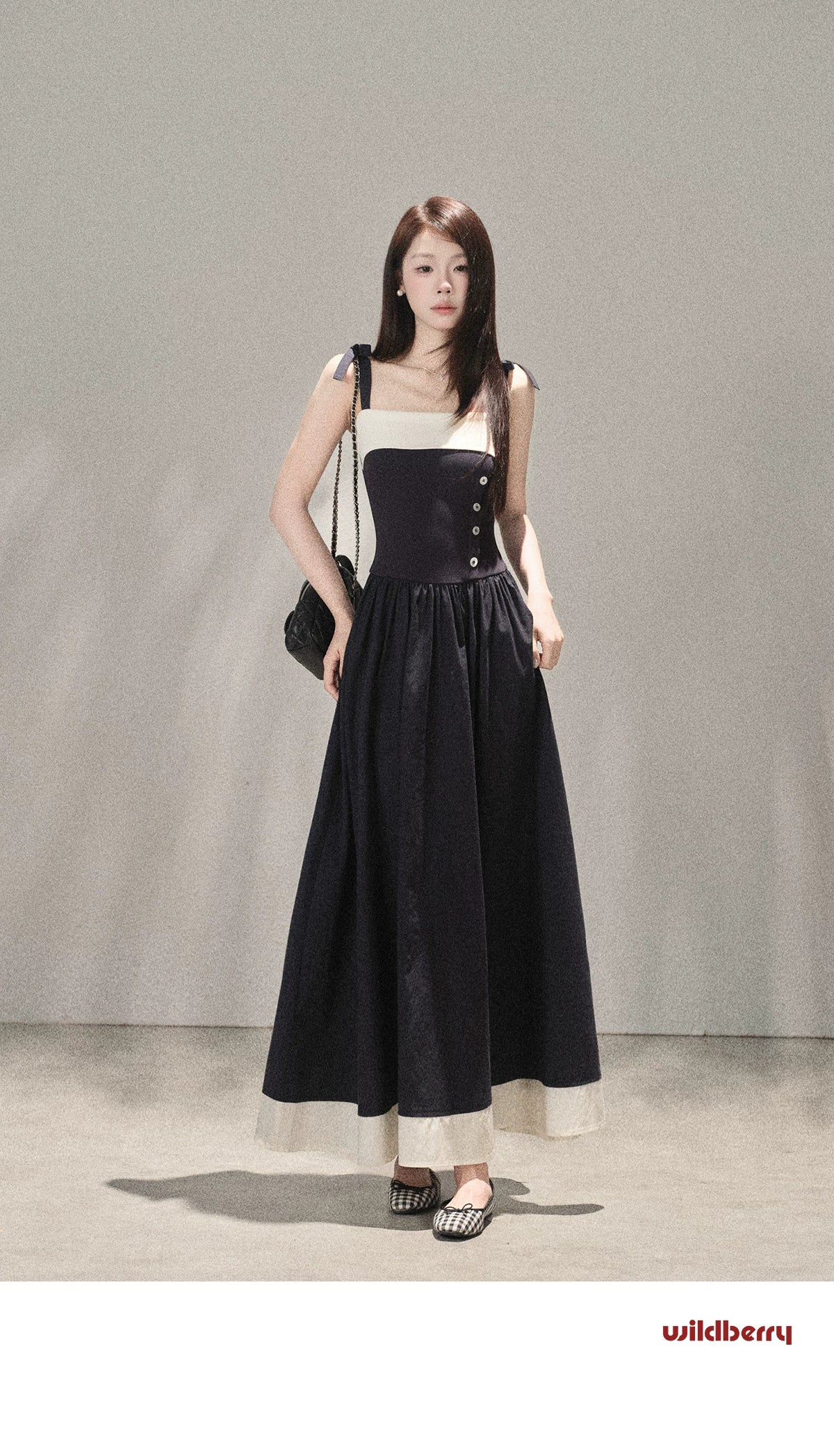 Wildberry Korean Style Strappy Dress with Patchwork Design High-Waist Long Dress