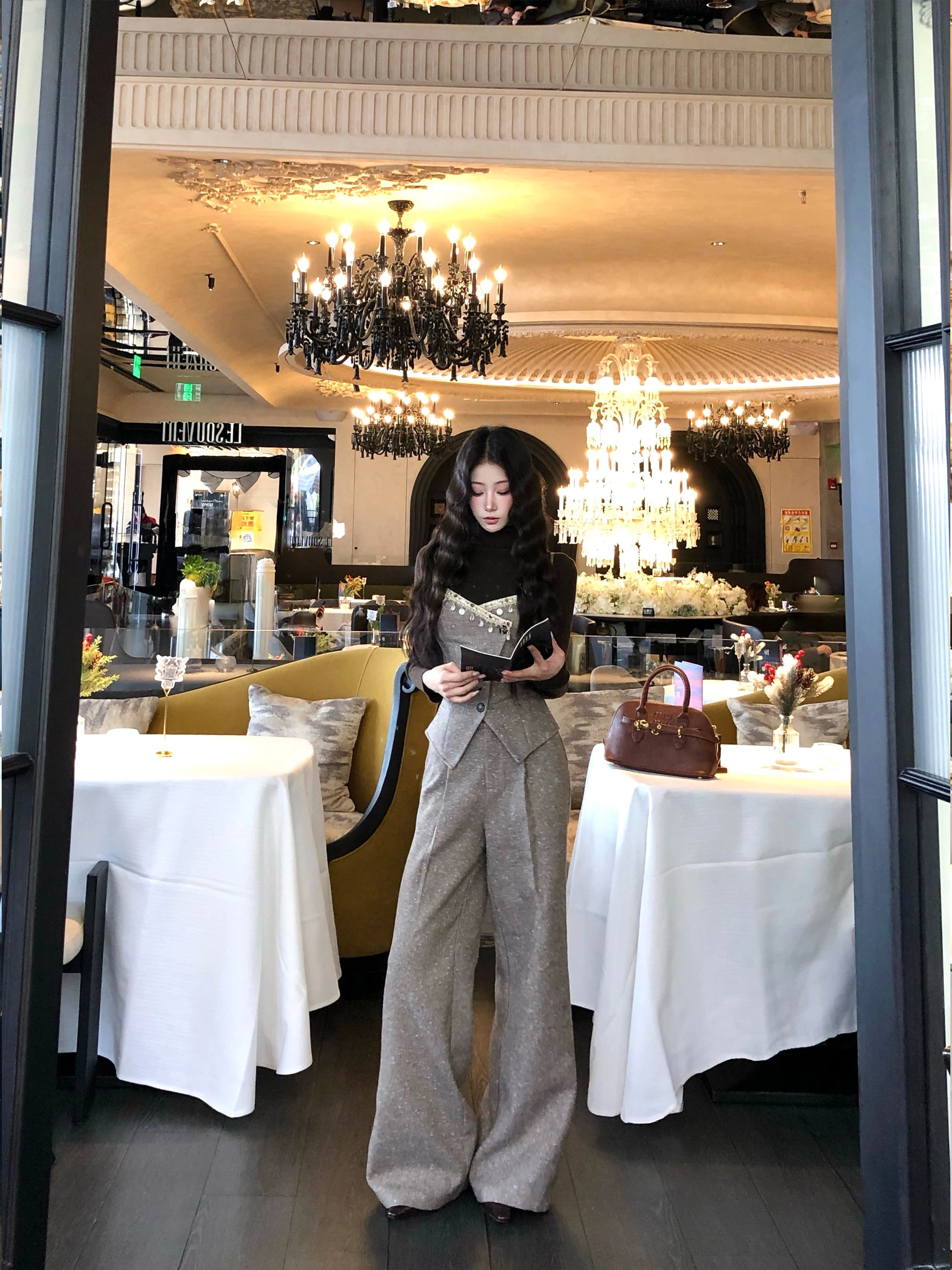 Barb Chill Lace Vest Suit Wide Leg Pants Suit