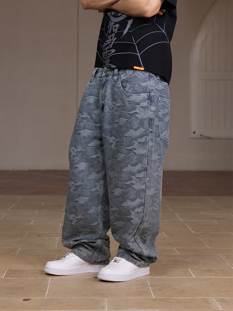 AVENUE&SON Blue Camo Jacquard Loose Straight-Leg Jeans