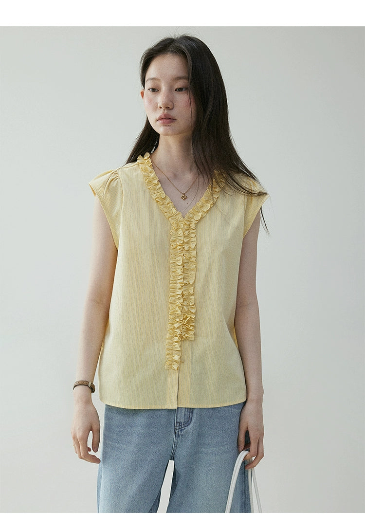 VOOE Fungus Edge V-Neck Striped Small Flying Sleeve Shirt