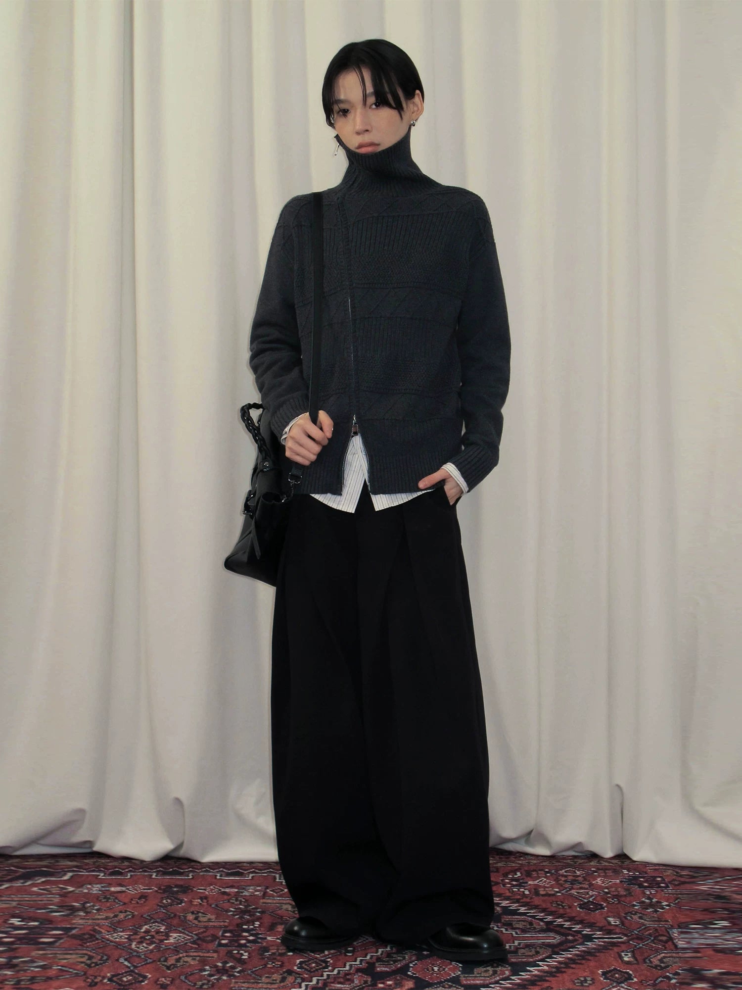 Sameuoo Slanted Placket Turtleneck Knitted Cardigan