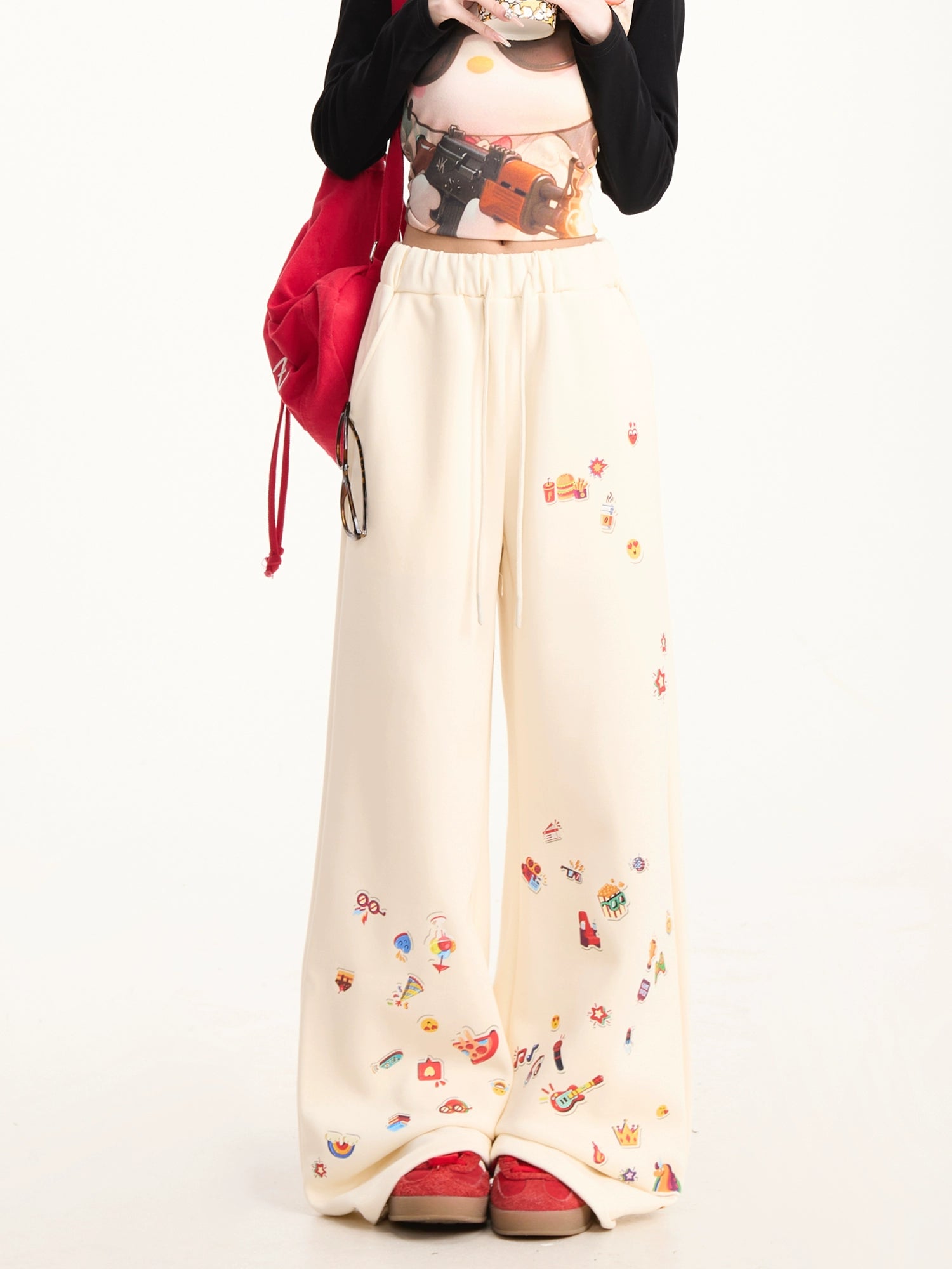 Kenvibe Fun Print Lazy Loose Drawstring Casual Straight Pants