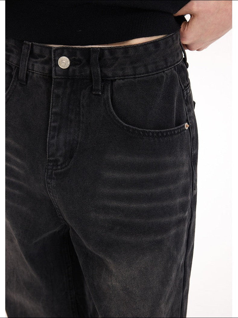 UNF 13.5oz Blockbuster Washed Old Cat Whiskers Baggy Bull Wide Leg Black Jeans