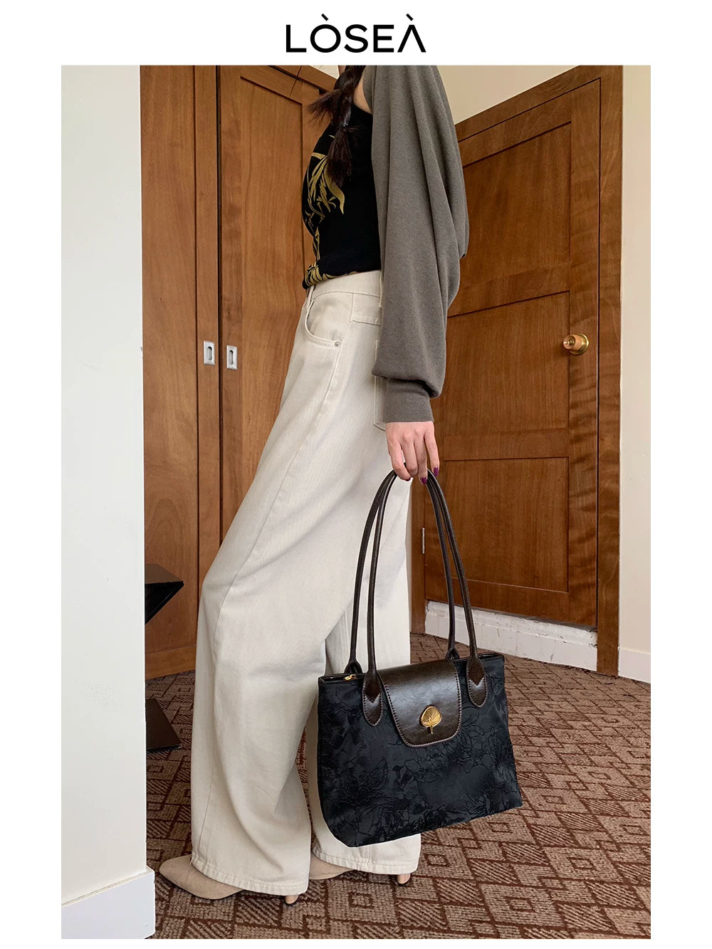 LOSEA Black Faux Leather Zip-Top Underarm Bag