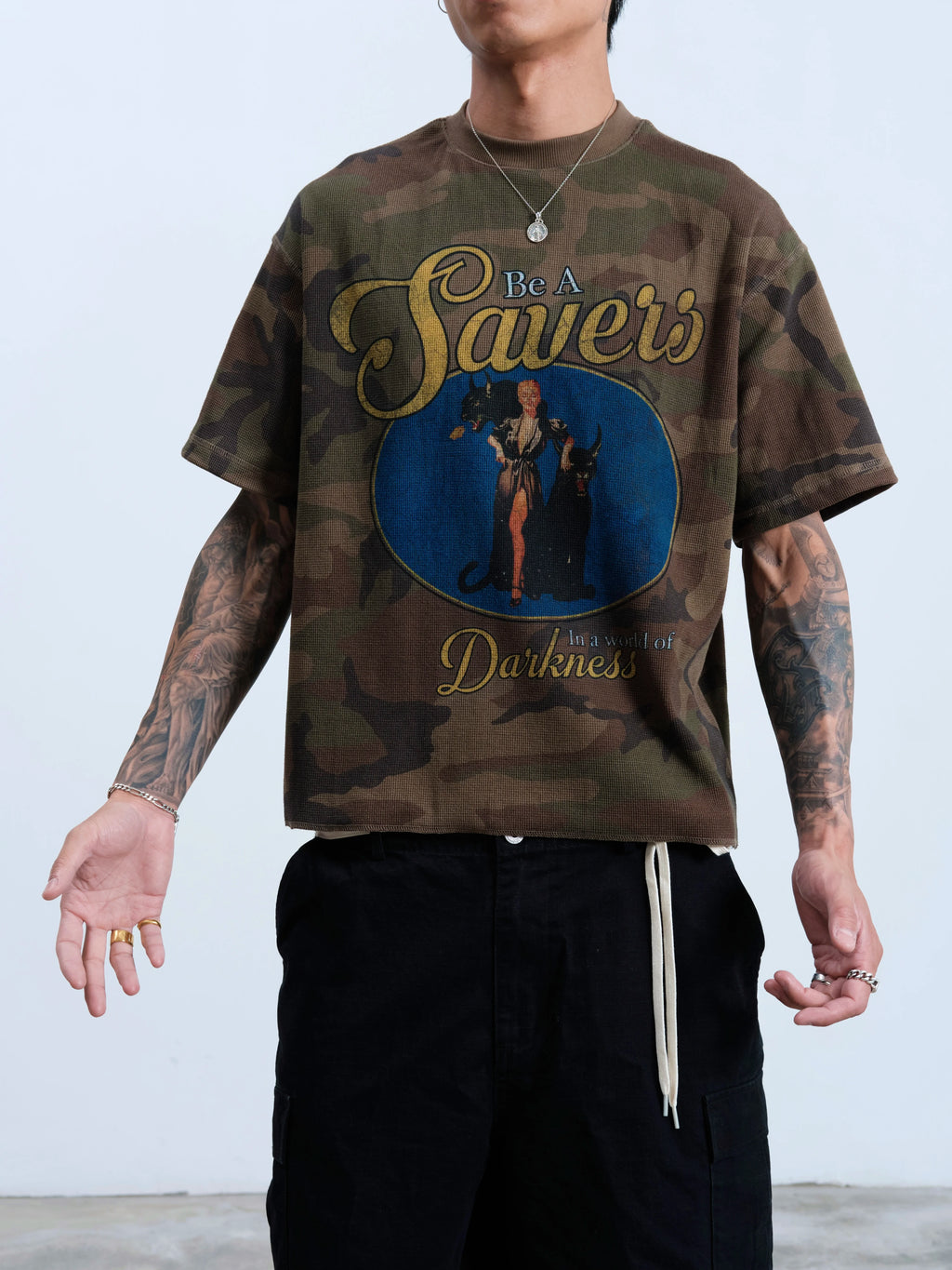 SWFI Distressed Small Collar Boxy Cropped Waffle American-Style Tee