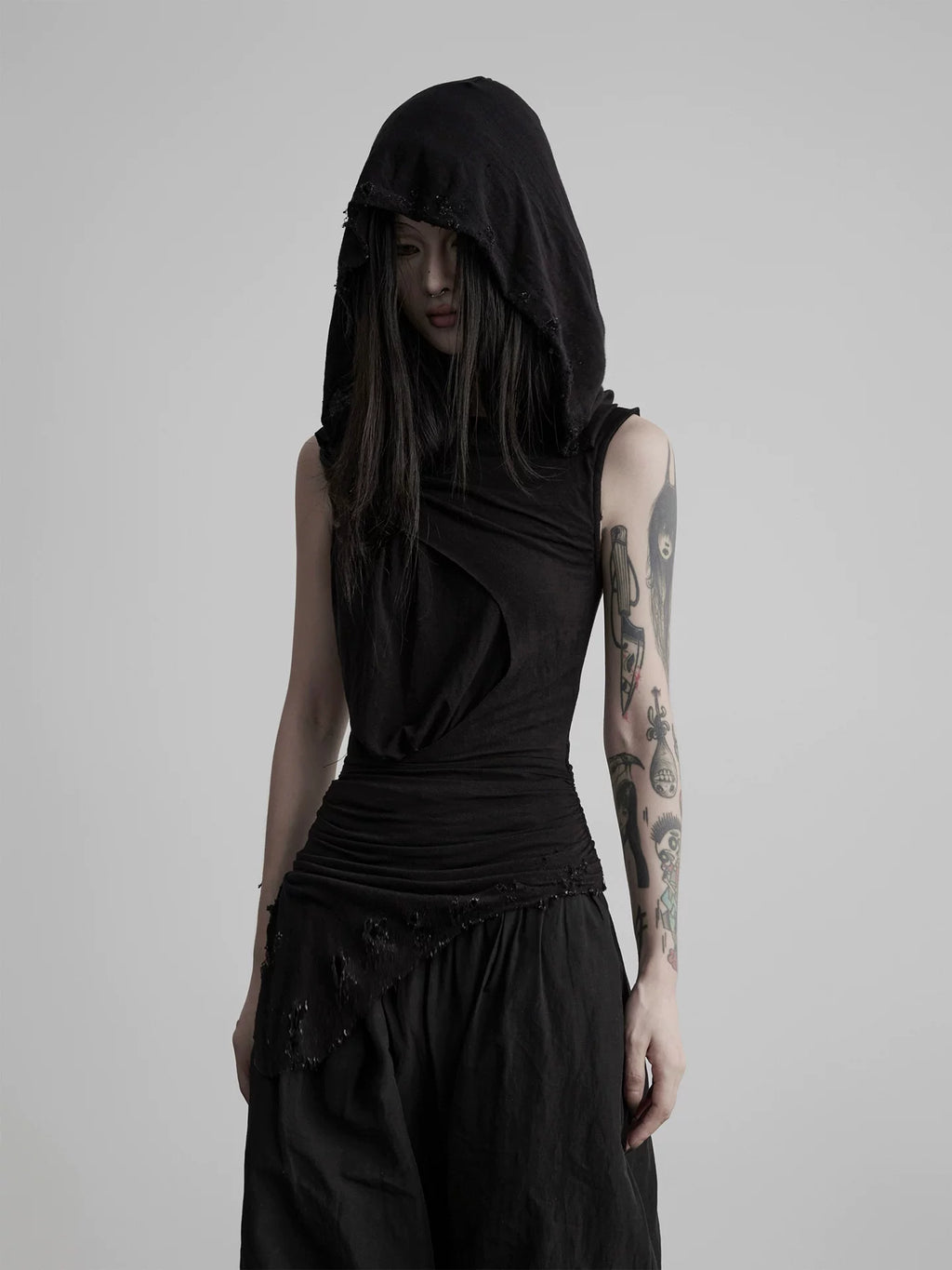 INDULGE Distressed Pleated Slim-Fit Black Hooded Tank Top