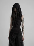 INDULGE Distressed Pleated Slim-Fit Black Hooded Tank Top