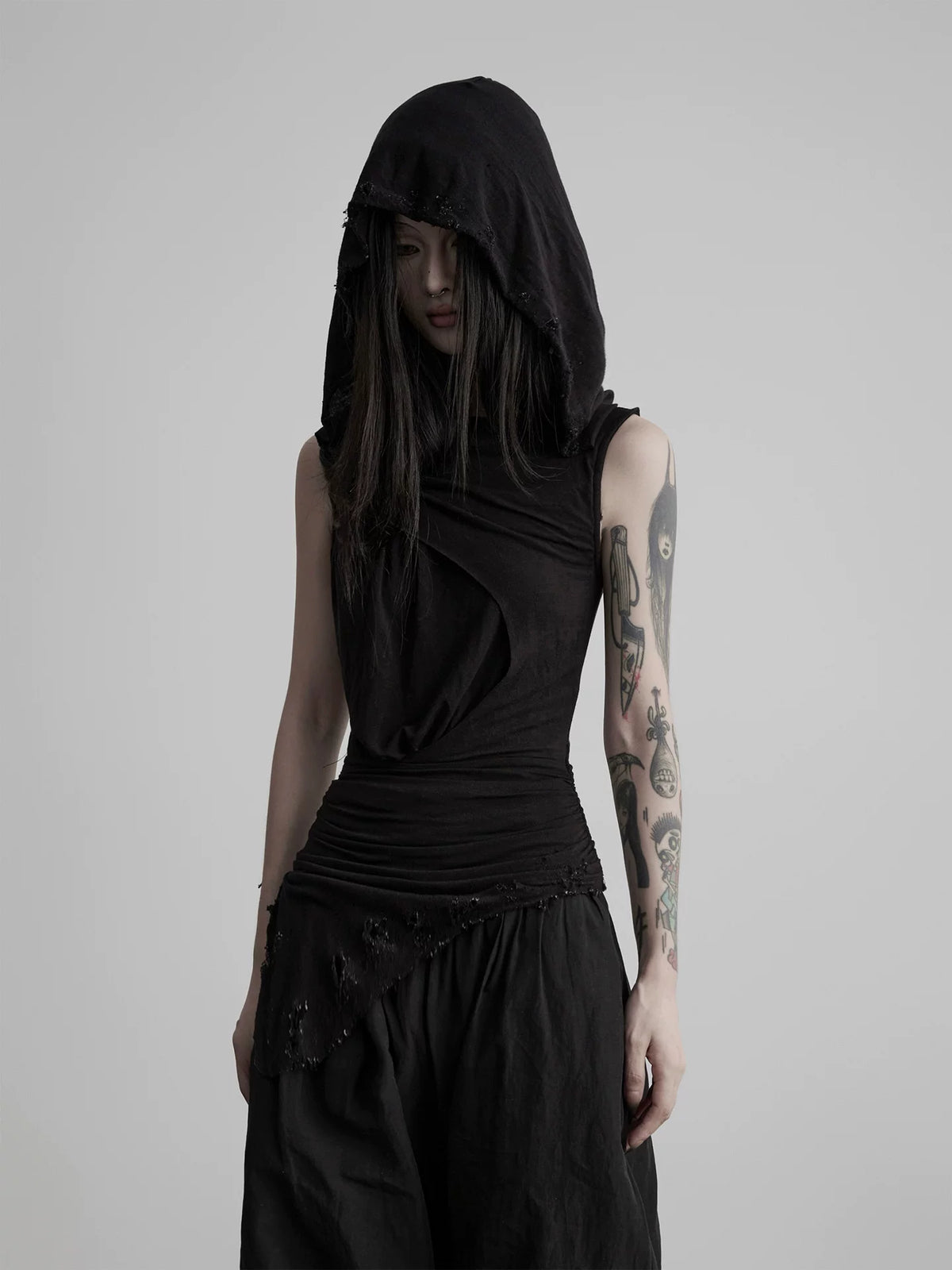 INDULGE Distressed Pleated Slim-Fit Black Hooded Tank Top