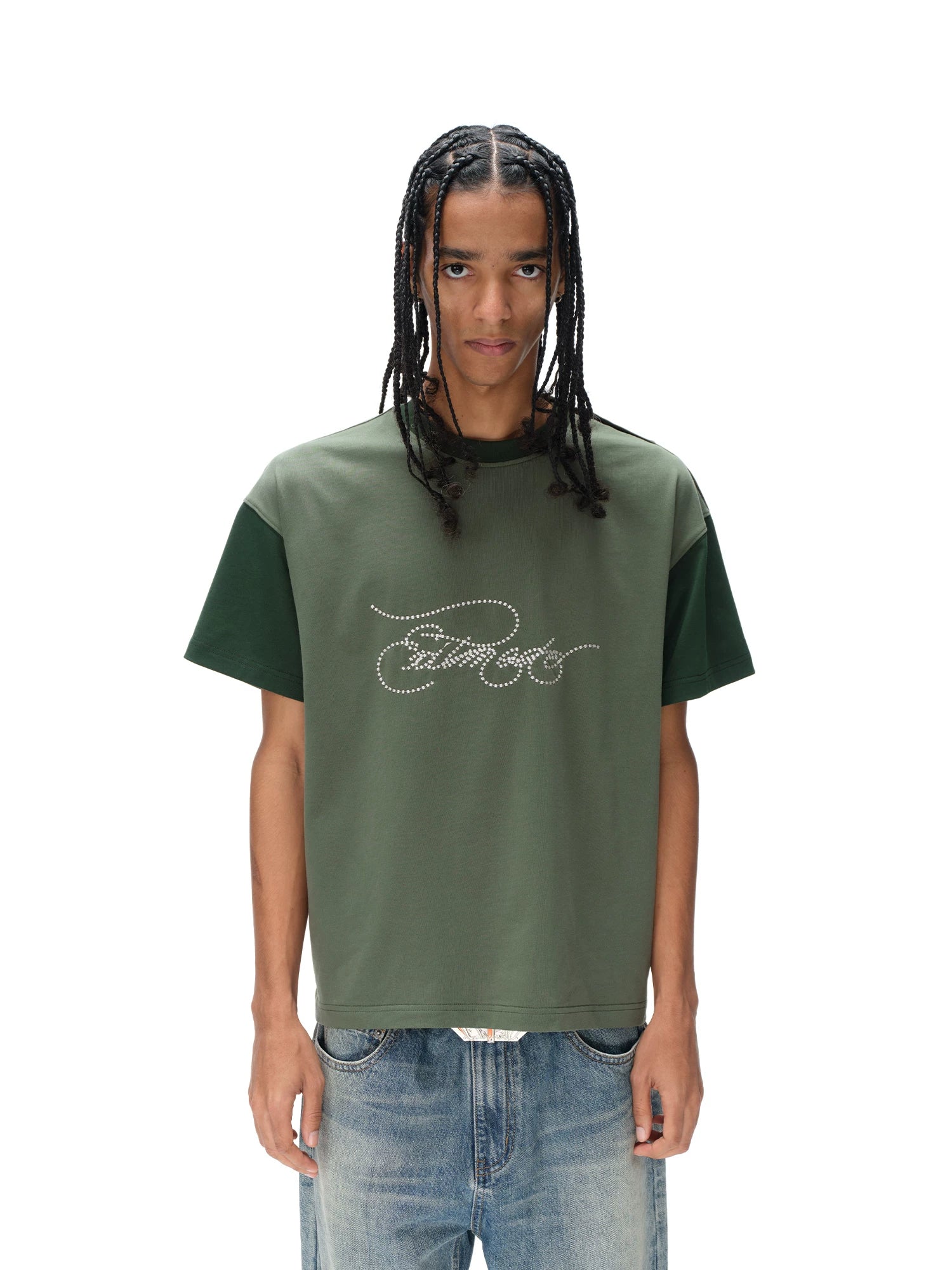 EXITMODE Contrast Color Script Embroidery Raglan Loose T-Shirt Unisex