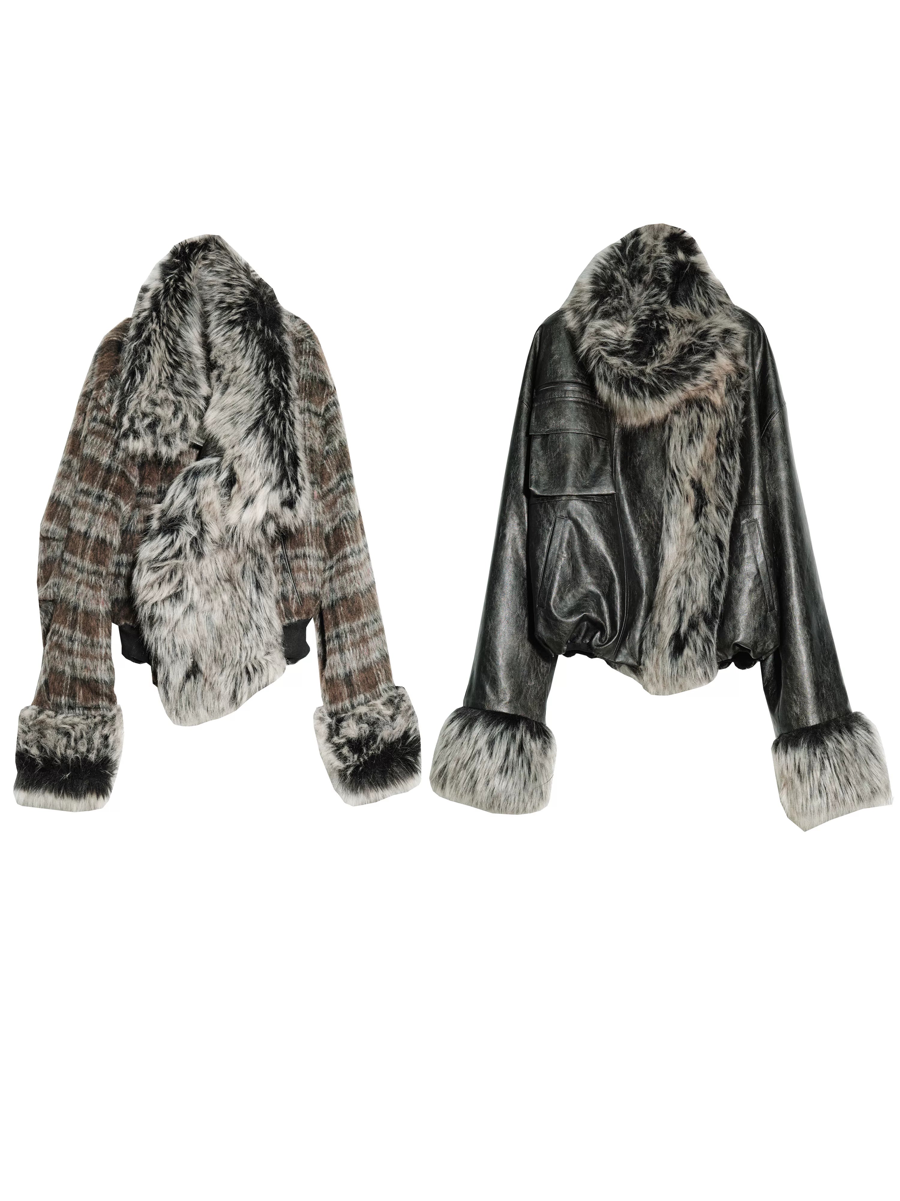 JNYLON Front and Back Two Wear Plaid PU Imitation Leather Jacket