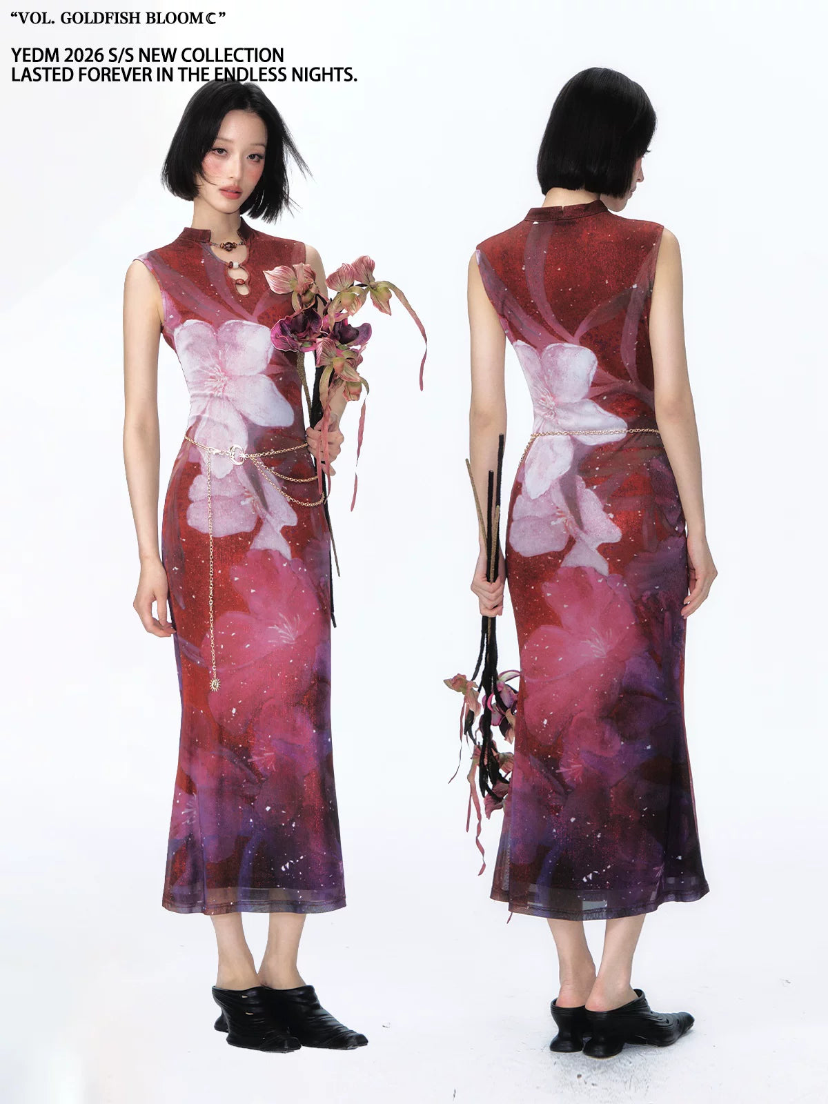 YEDM Floral Print Fitted Two-Way Cheongsam Dress