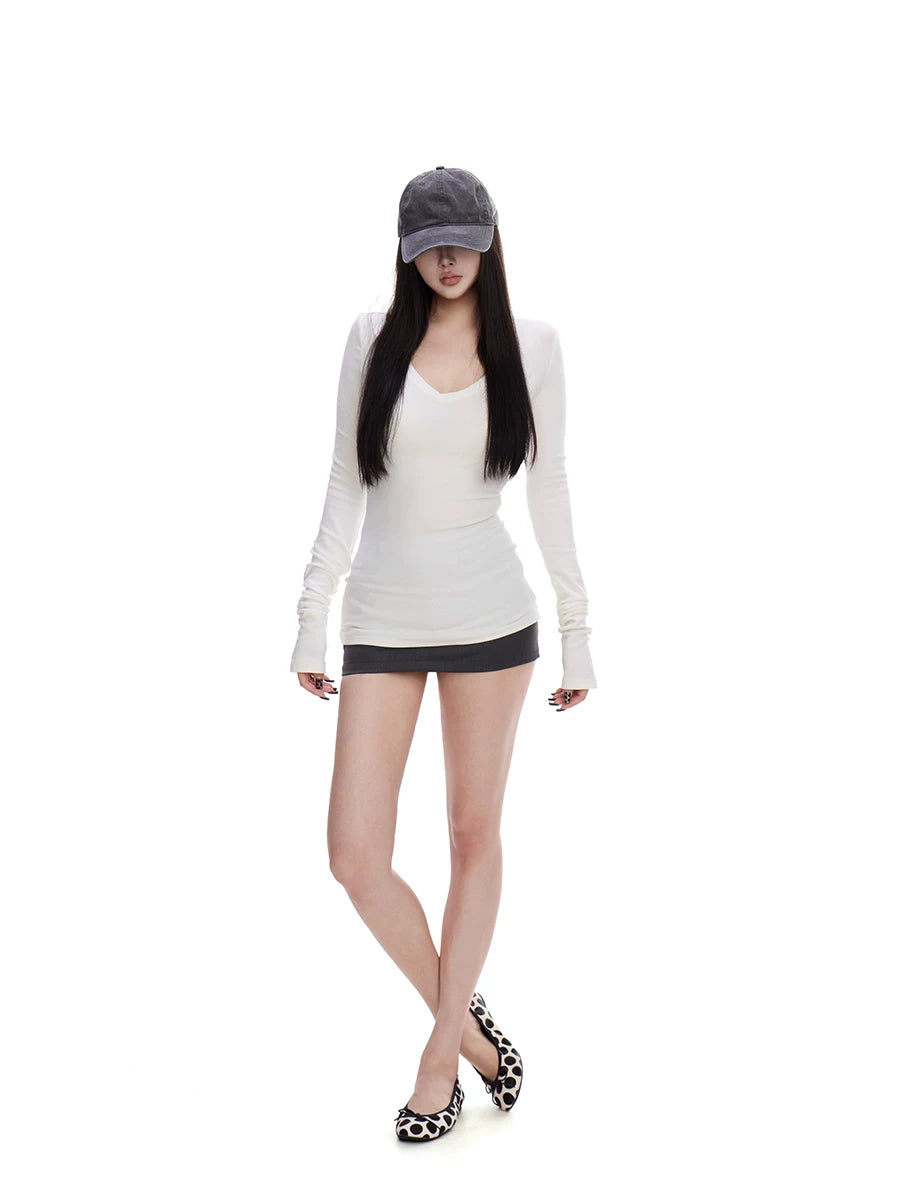 WITHMIN Slim and Thin V-neck Long Sleeves