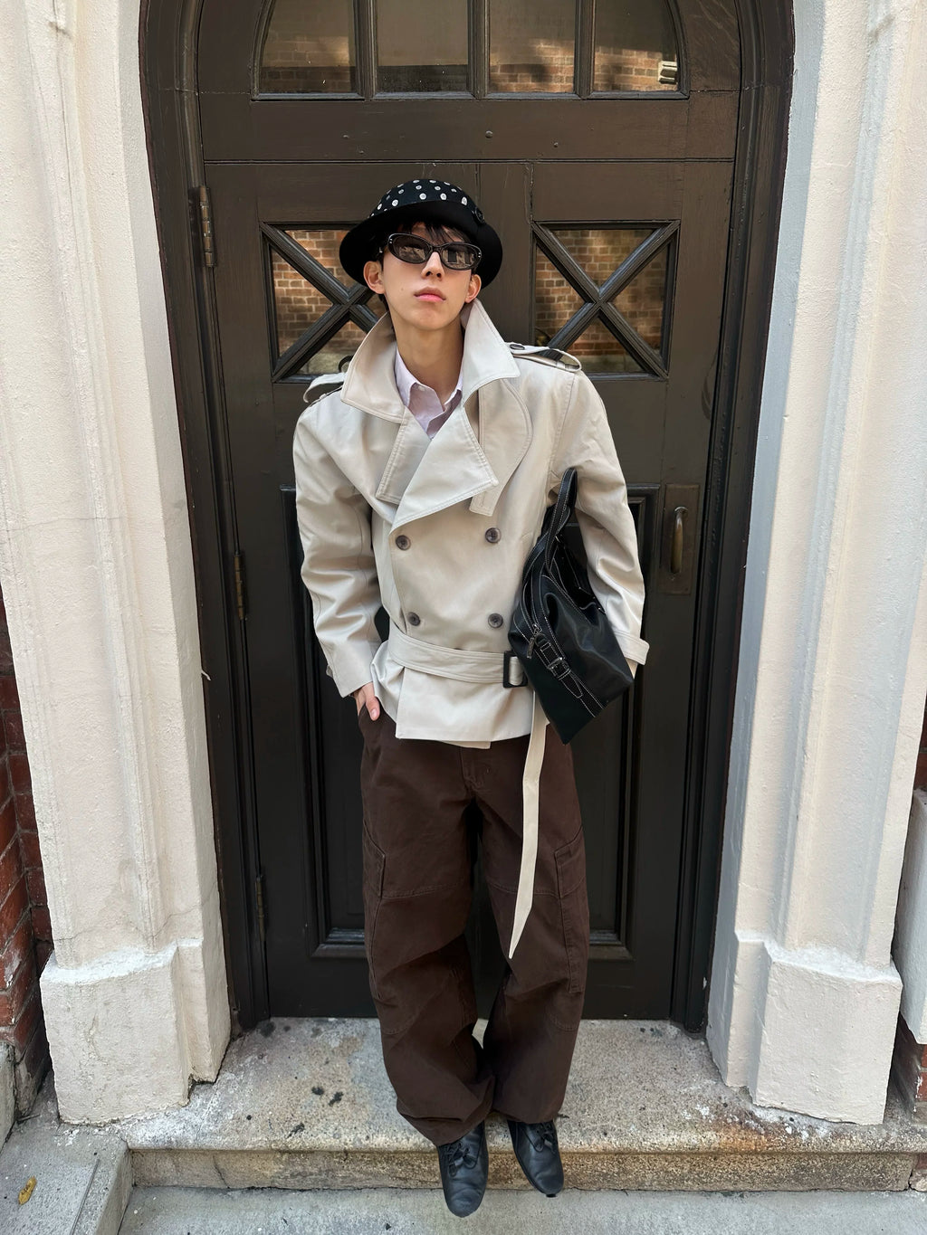 INTENT Lake Gray Belted Double-Breasted Short Trench Coat