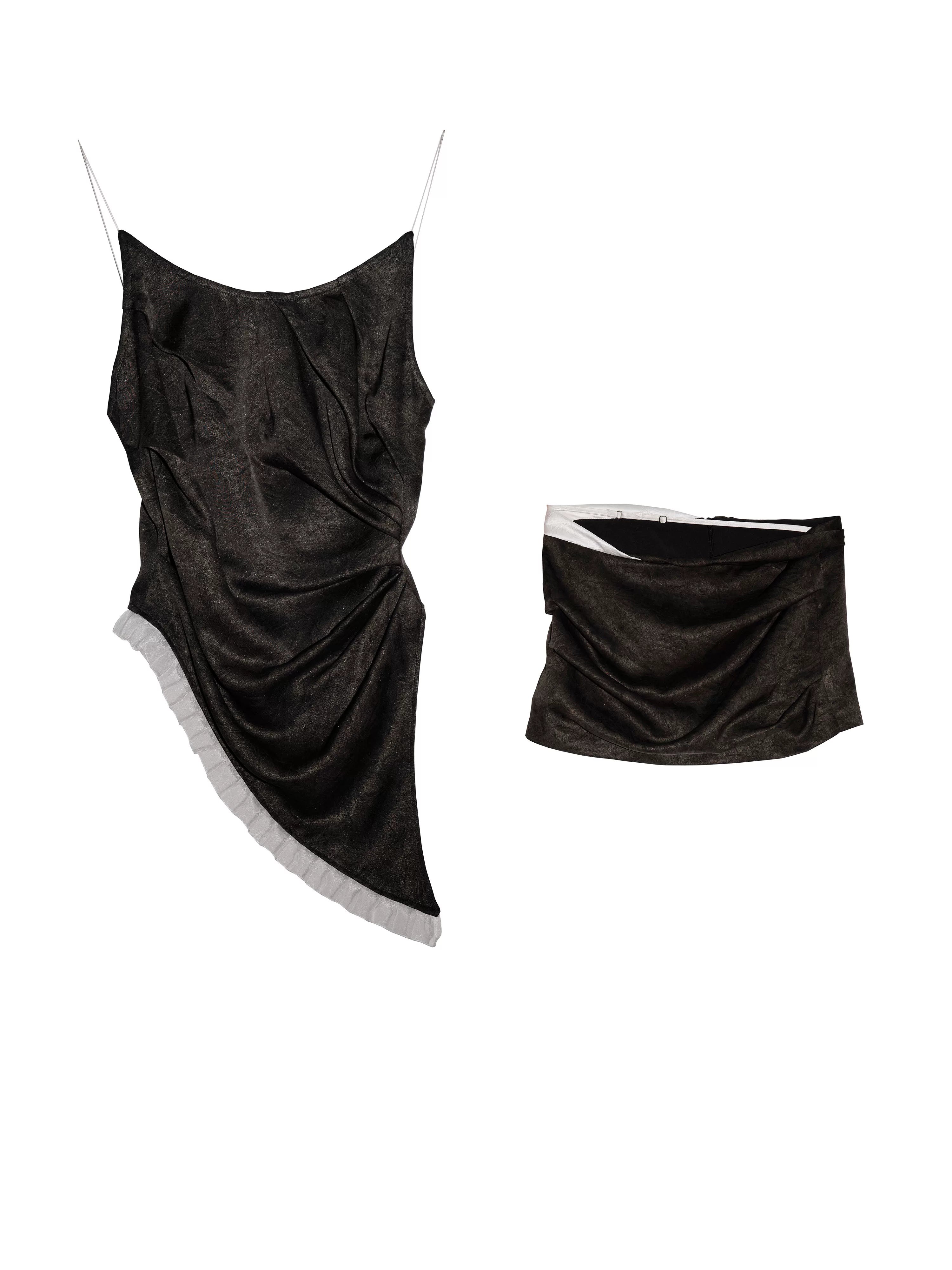 JNYLON Vintage Pleated Color-block Patchwork Tank Short Skirt Set