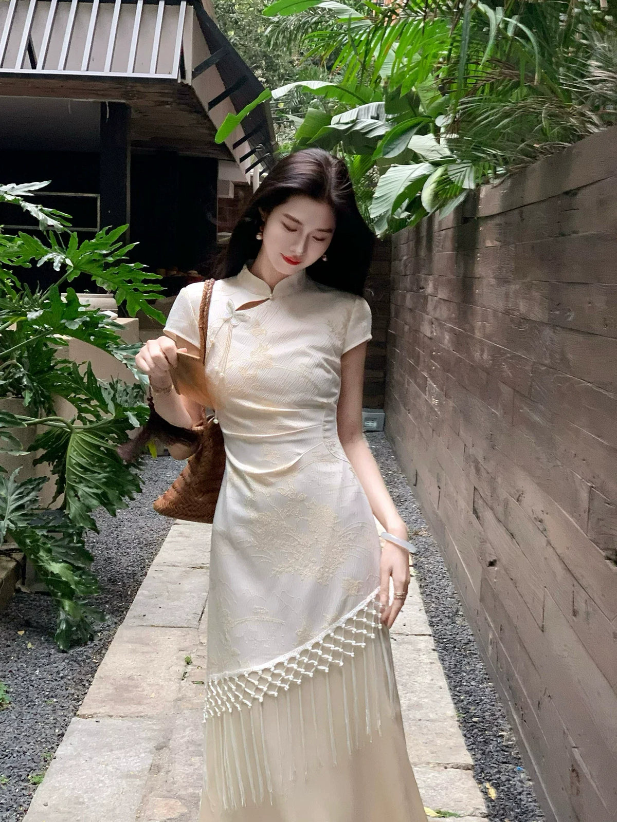 (Clearance) ZIHE Fringed Jacquard Waist Dress