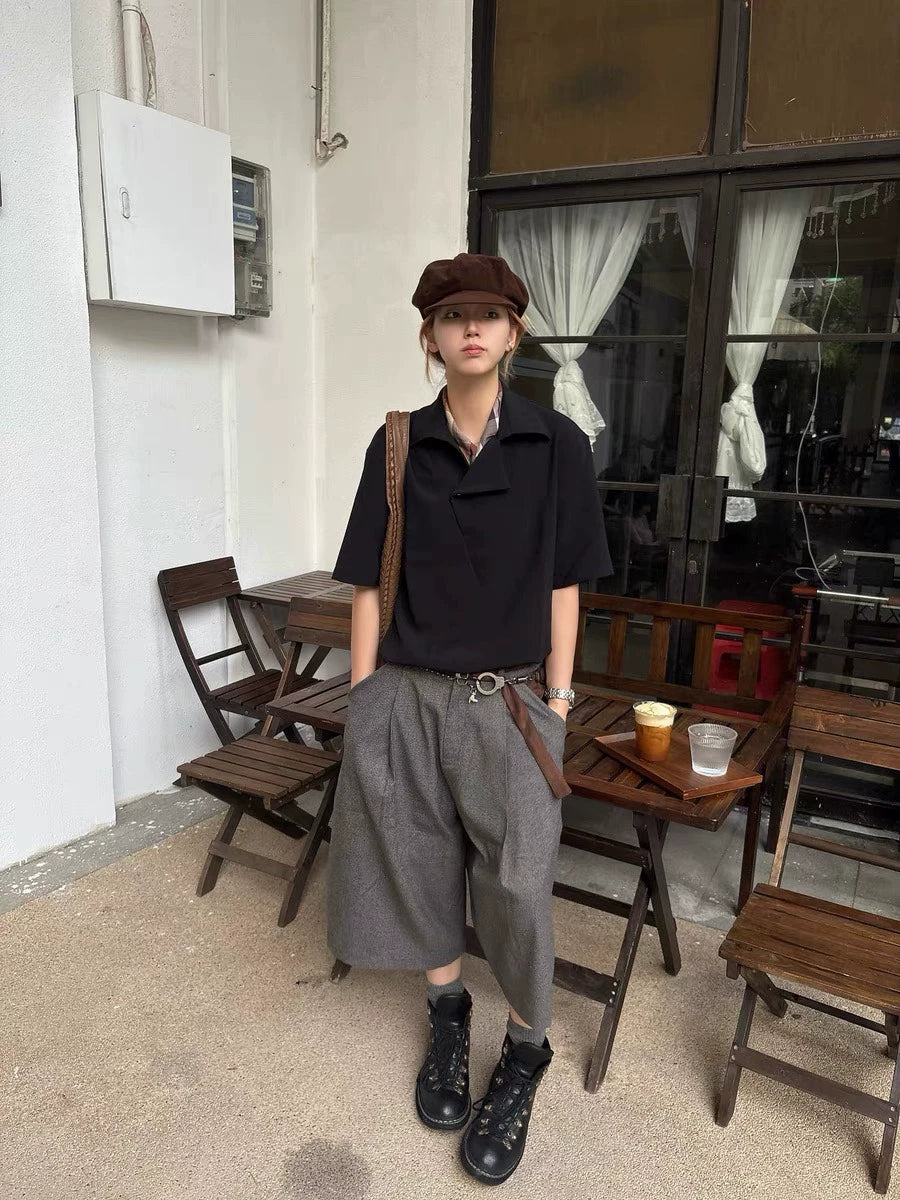 AMBSOM Suede Pleated Houndstooth Patchwork Capri Shorts