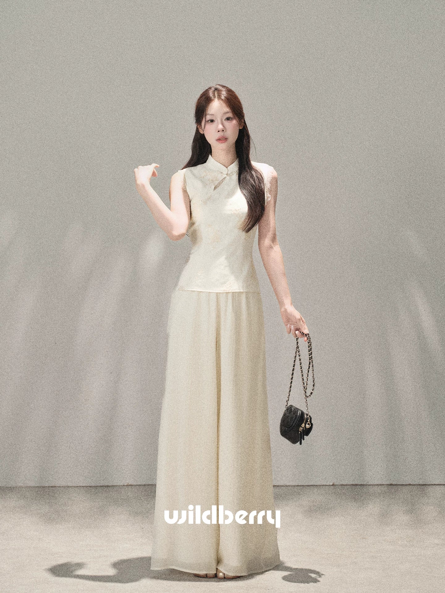 Wildberry Sleeveless Shirt High Waist Straight Chiffon Casual Pants Set
