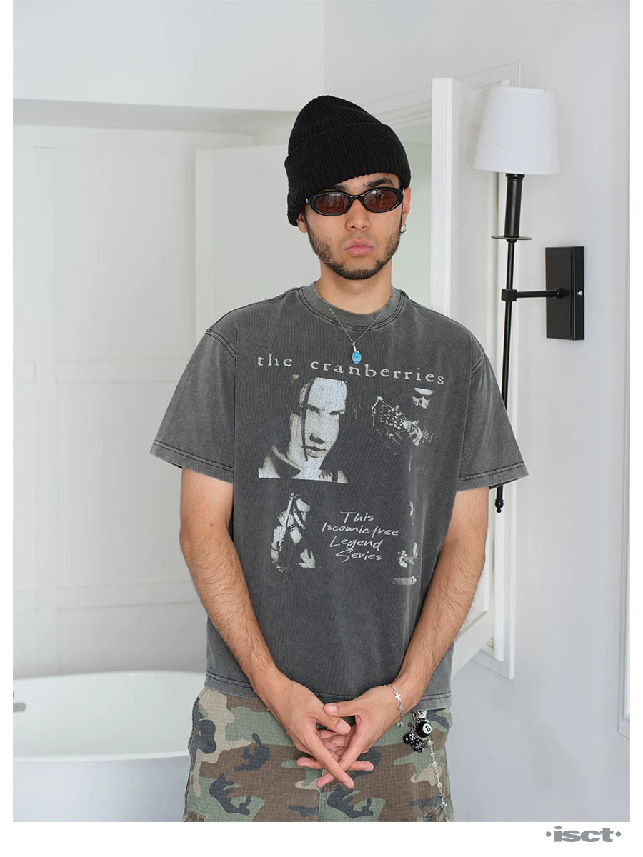 COMICTREE Old Front Shoulder Crew Neck Casual Tee
