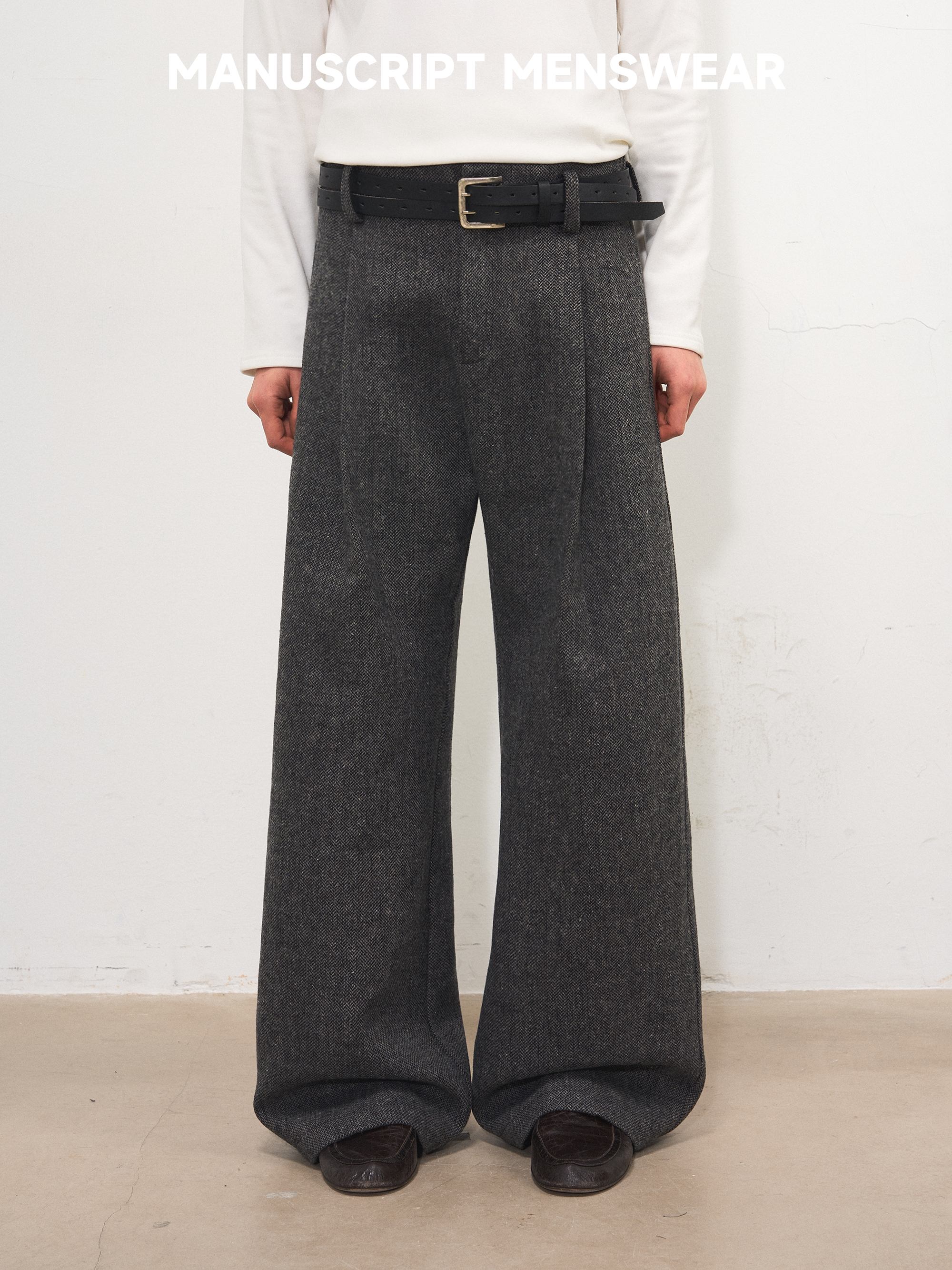 MANUSCRIPT Herringbone Straight Casual Woolen Trousers
