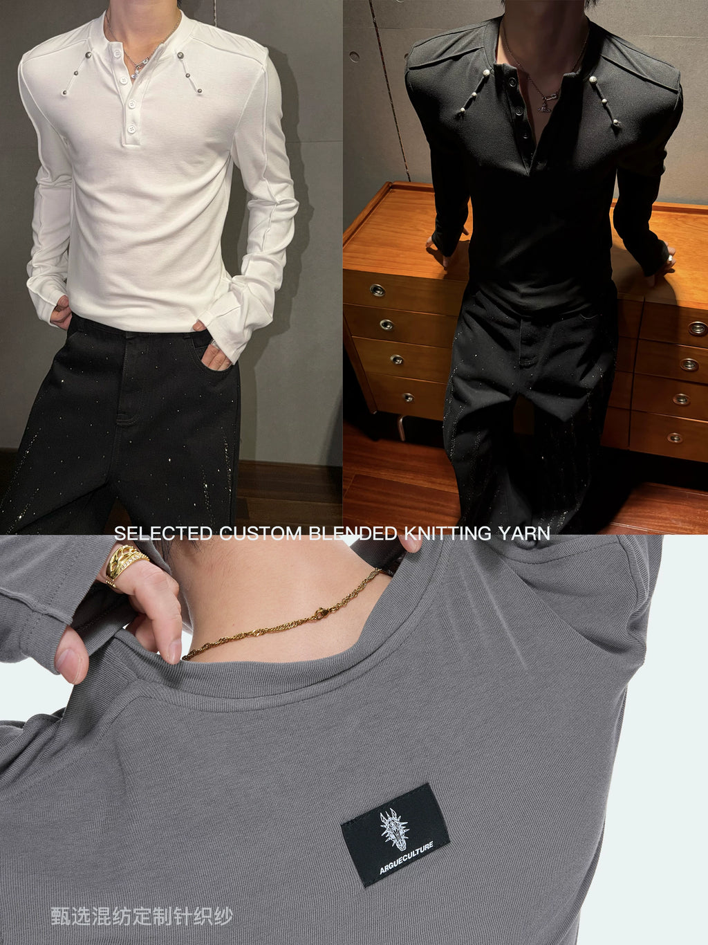 ArguE CulturE Deconstructed Studded Slim-Fit Henley Long-Sleeve Tee