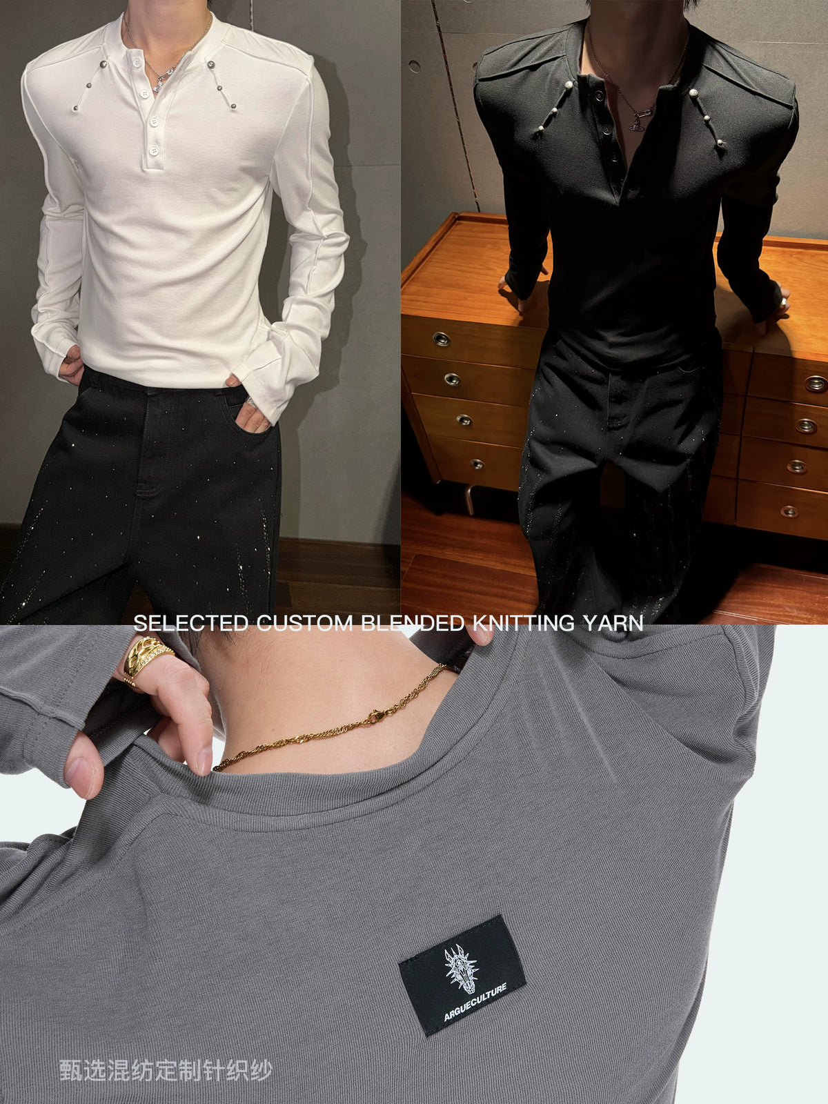 ArguE CulturE Deconstructed Studded Slim-Fit Henley Long-Sleeve Tee